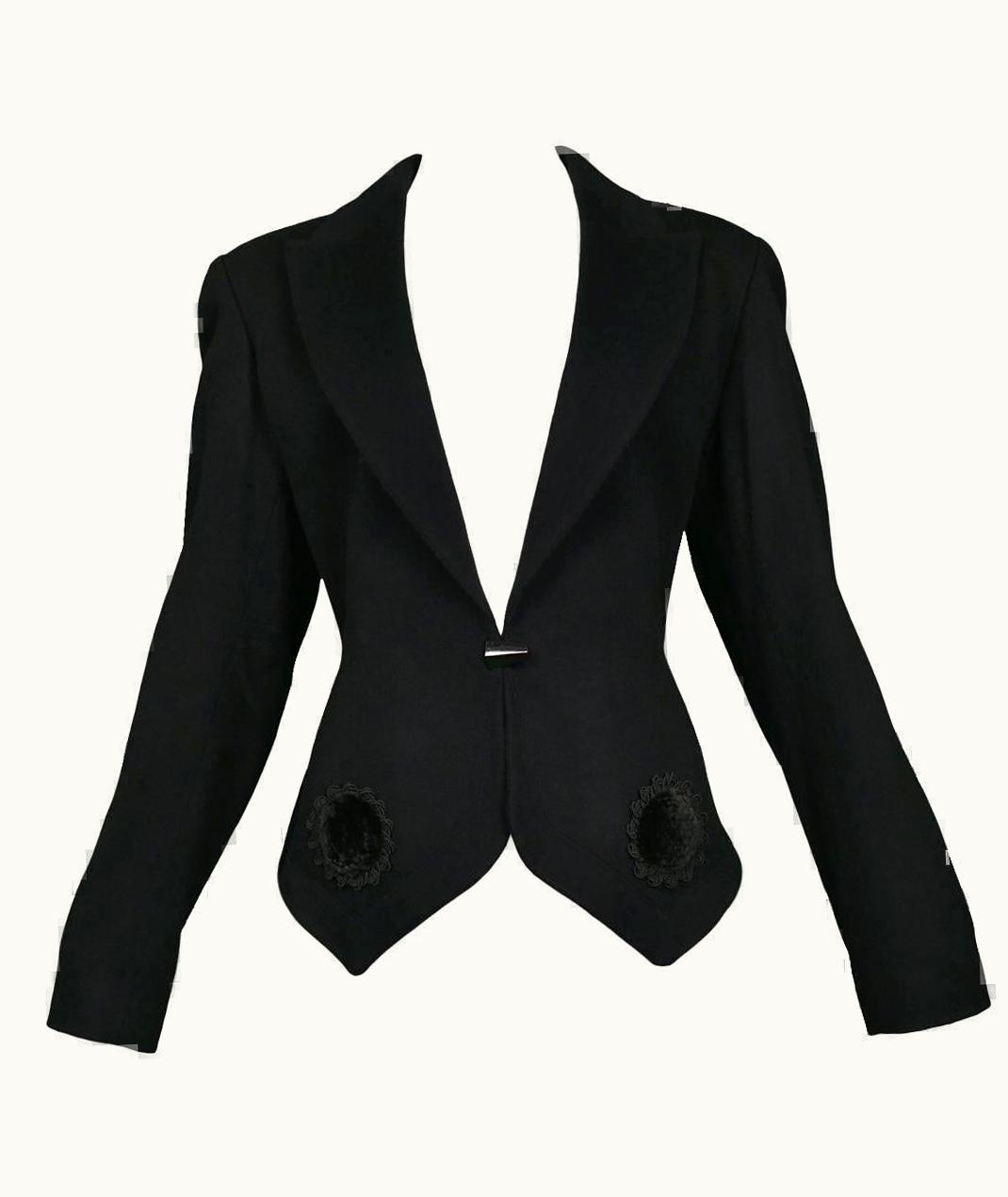 Alaia Vintage Alaia Black Fitted Wool Blazer With Velvet Applique Nwot 1991
