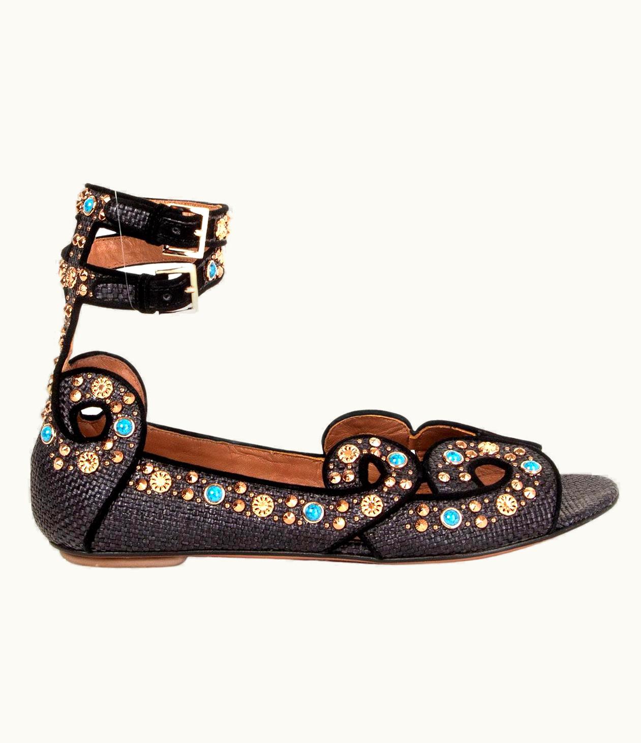 Alaia Alaia Black Raffia Embellished Flat Ankle Strap Sandals Shoes