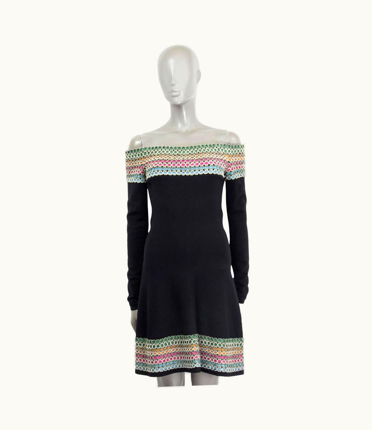 Alaia Alaia Black & Multicolor Wool Blend Off Shoulder Flared Dress