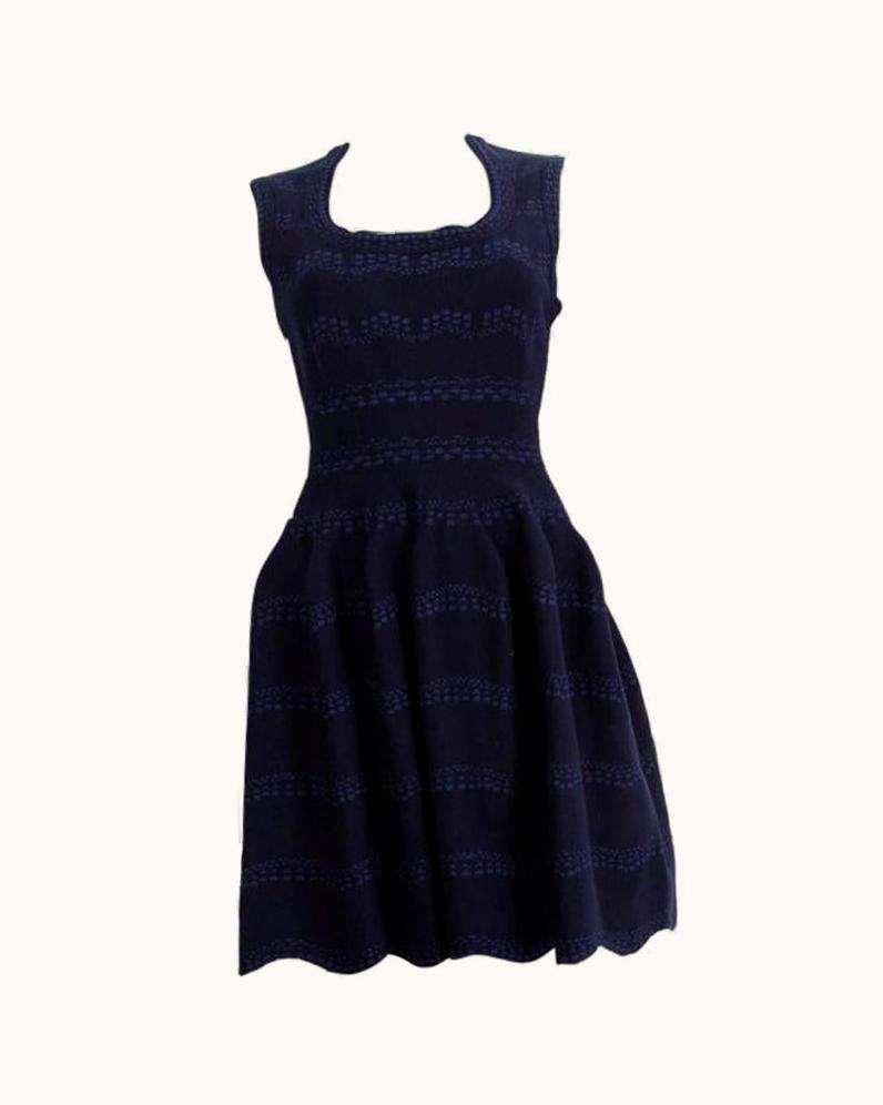 Alaia Alaia Midnight & Navy Blue Wool Jacquard Knit Flared Dress
