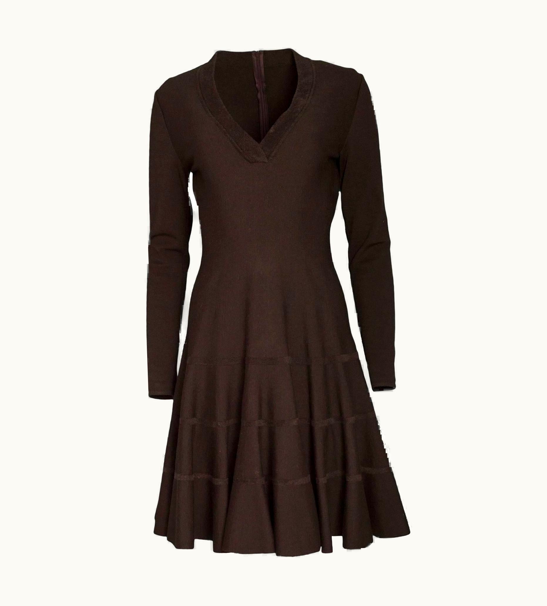 Alaia Alaia Brown Wool Fit & Flare V-Neck Dress