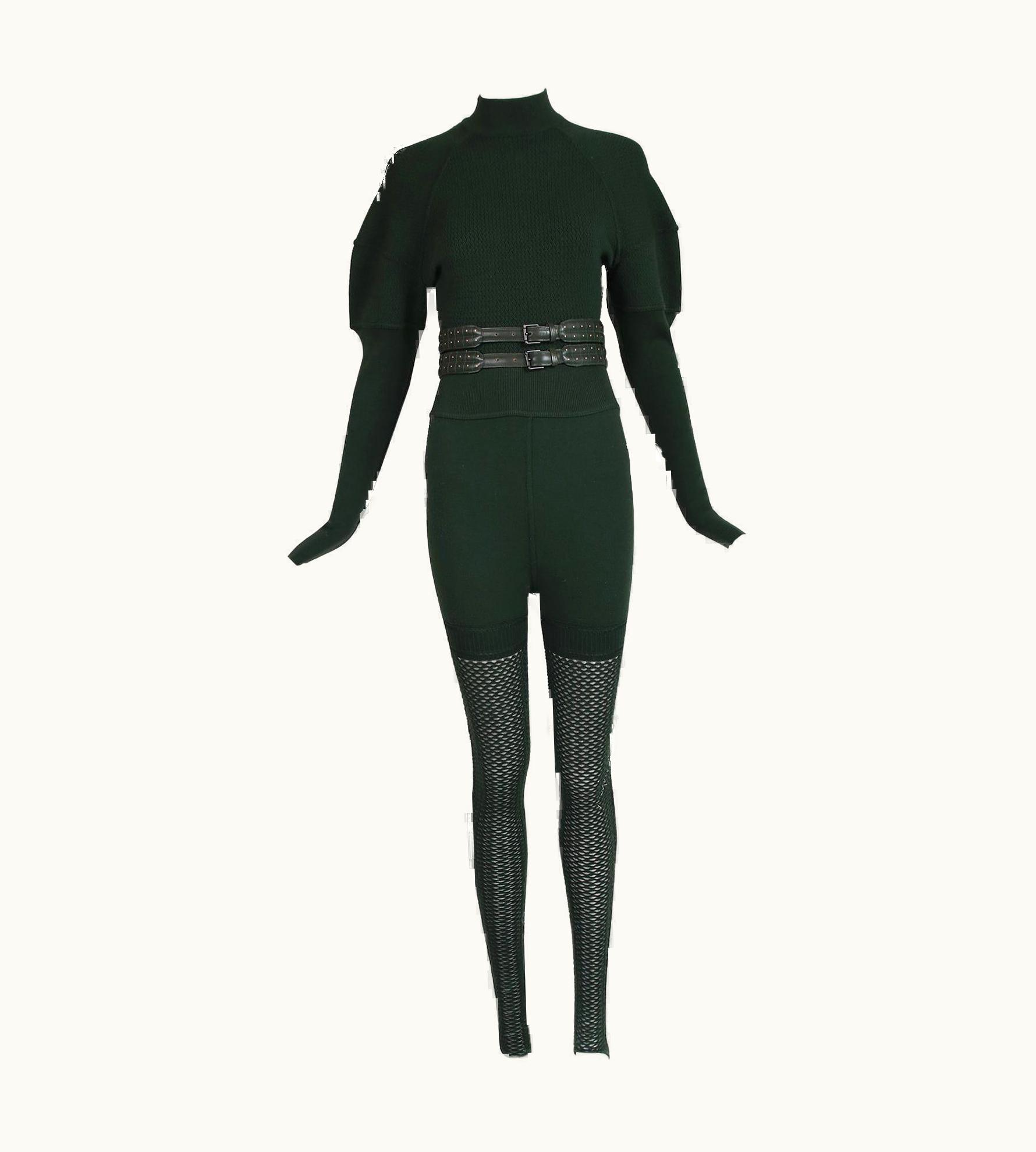 Alaia Alaia Green Knit Body Suit, Stirrup Leggings & Matching Leather Belt