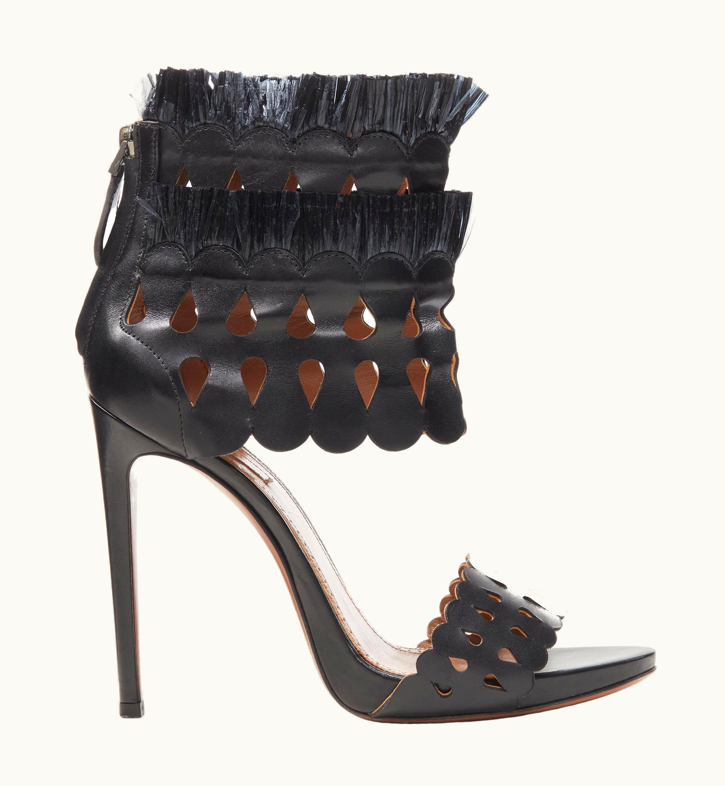 Alaia Alaia Black Squiggle Cut Out Raffia Fringe Platform High Heel Sandals