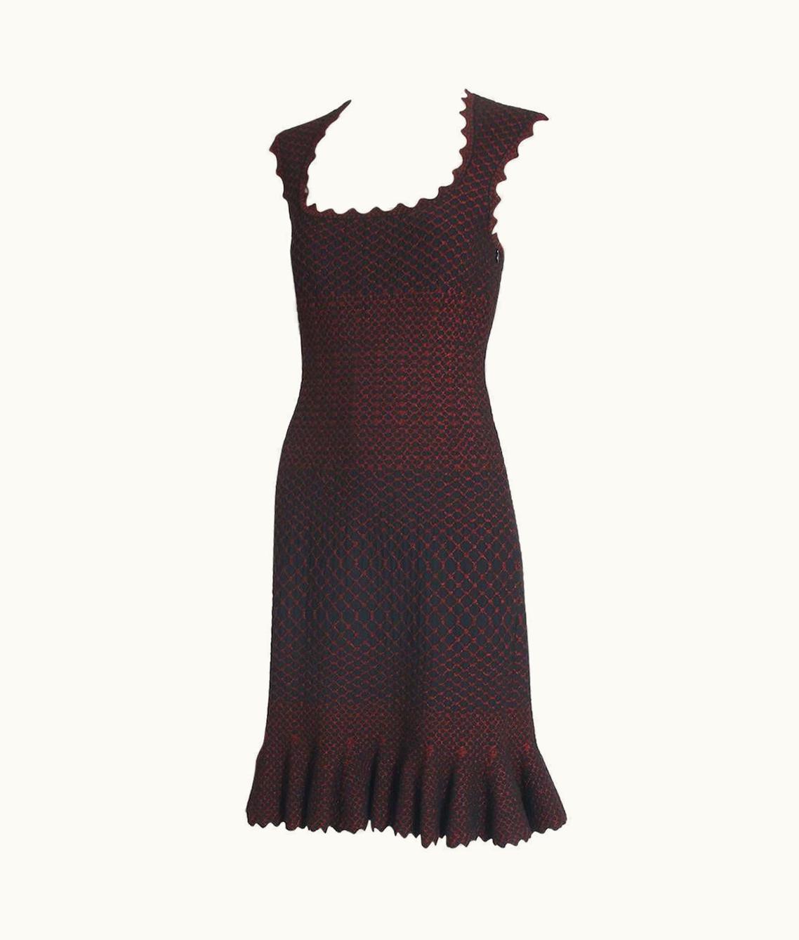 Alaia Alaia Black & Metallic Red Lattice Pattern Bodycon Mini Dress w/Flounced Hem