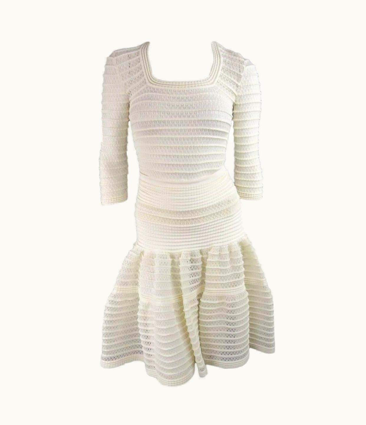 Alaia Alaia Cream Mesh Knit Scoop Neck Ruffle Skirt Set