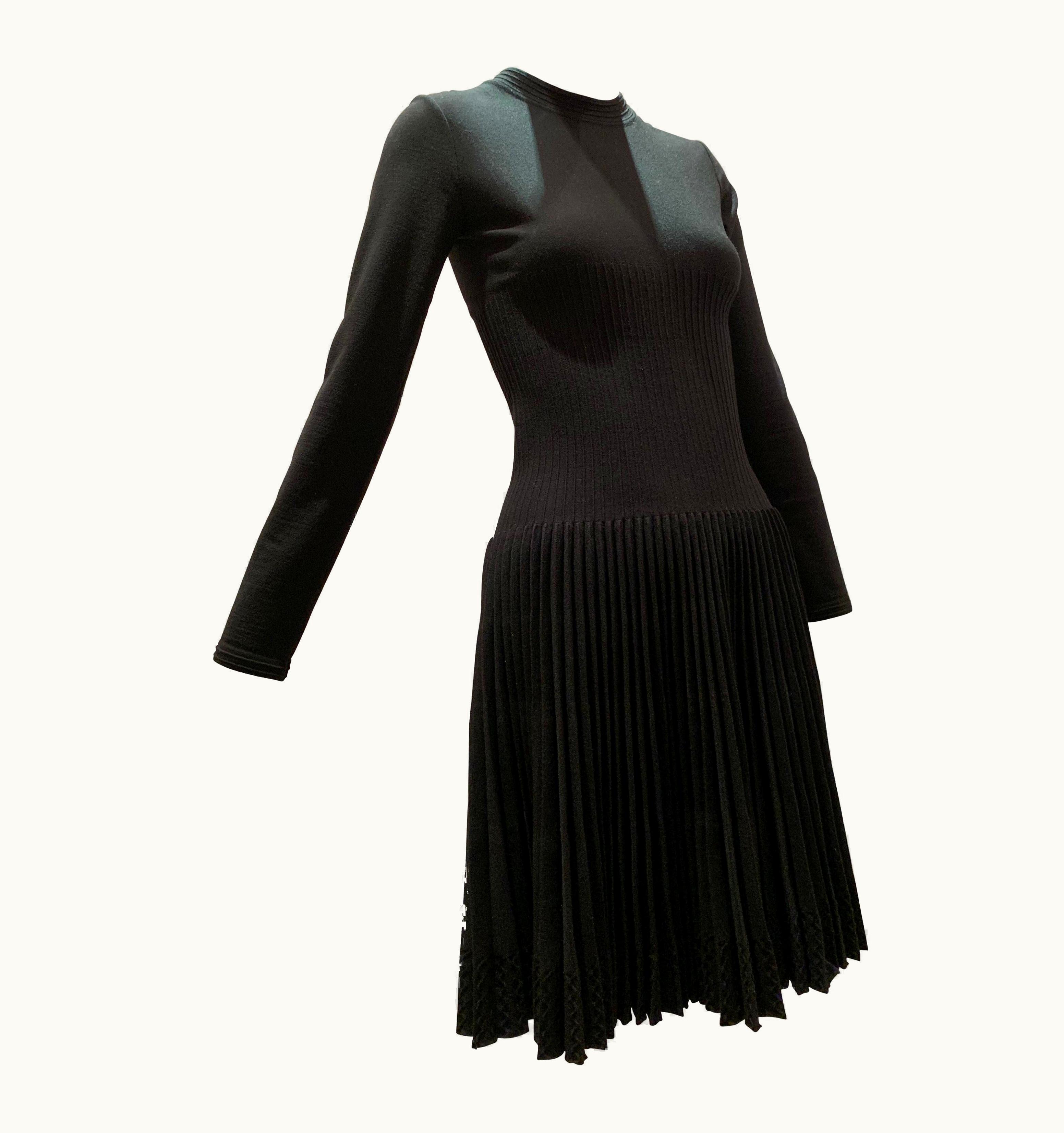 Alaia Alaia Black Knit Dress WS/S High Neckline Dropped Waist And Pleated Flared Skirt