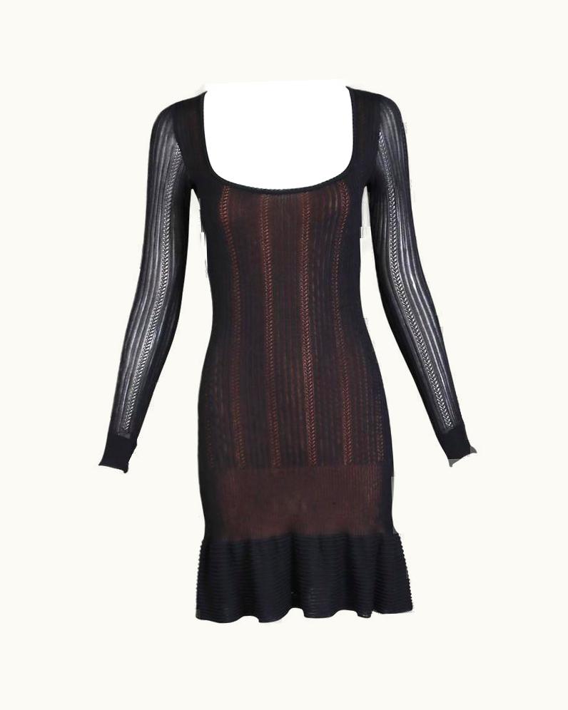 Alaia Alaia Black Sheer Stretch Viscose Long Sleeved Mini Dress W/Flounced Hem