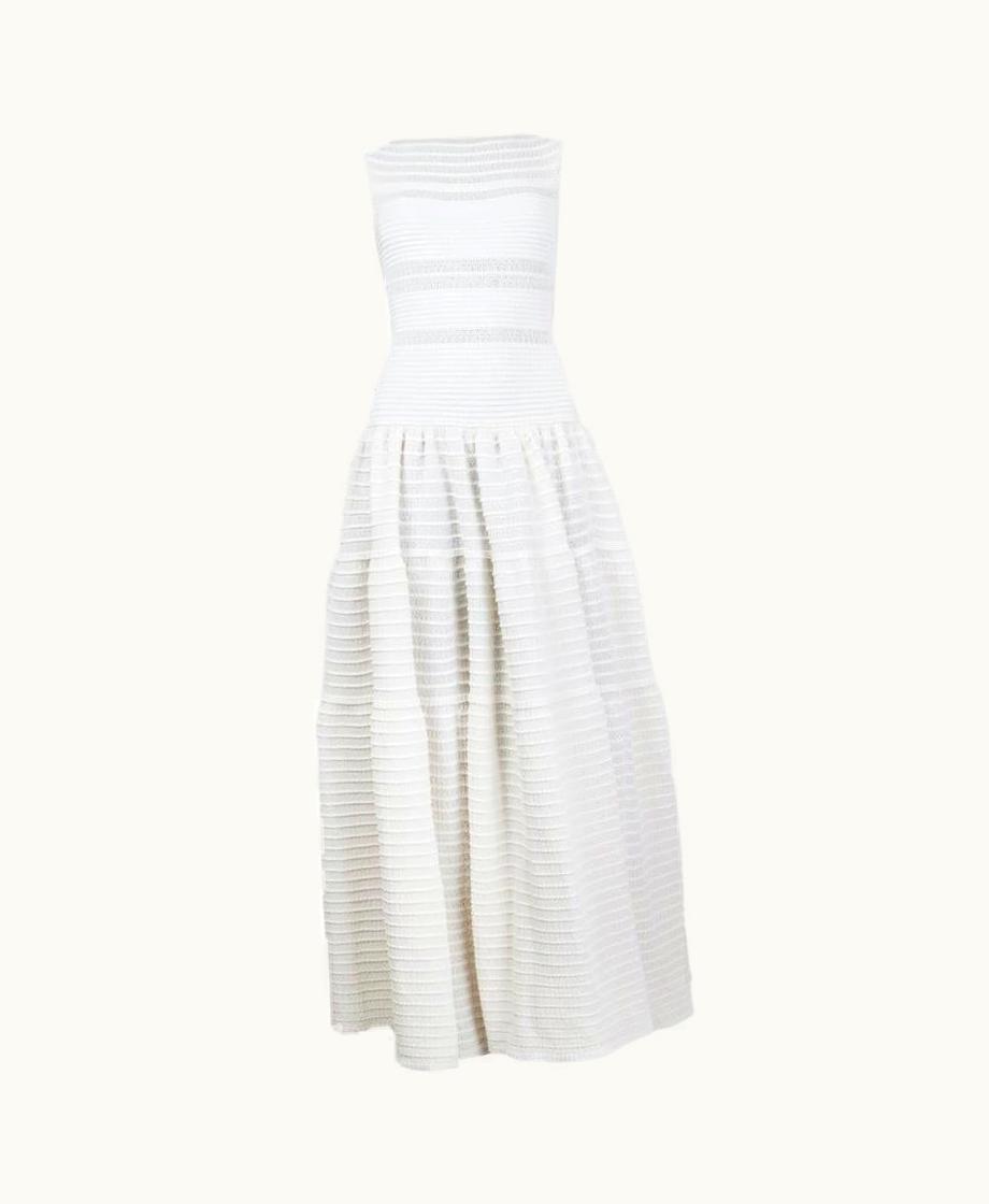 Alaia Alaia White Cotton Sleeveless Flared Jacquard Knit Maxi Dress