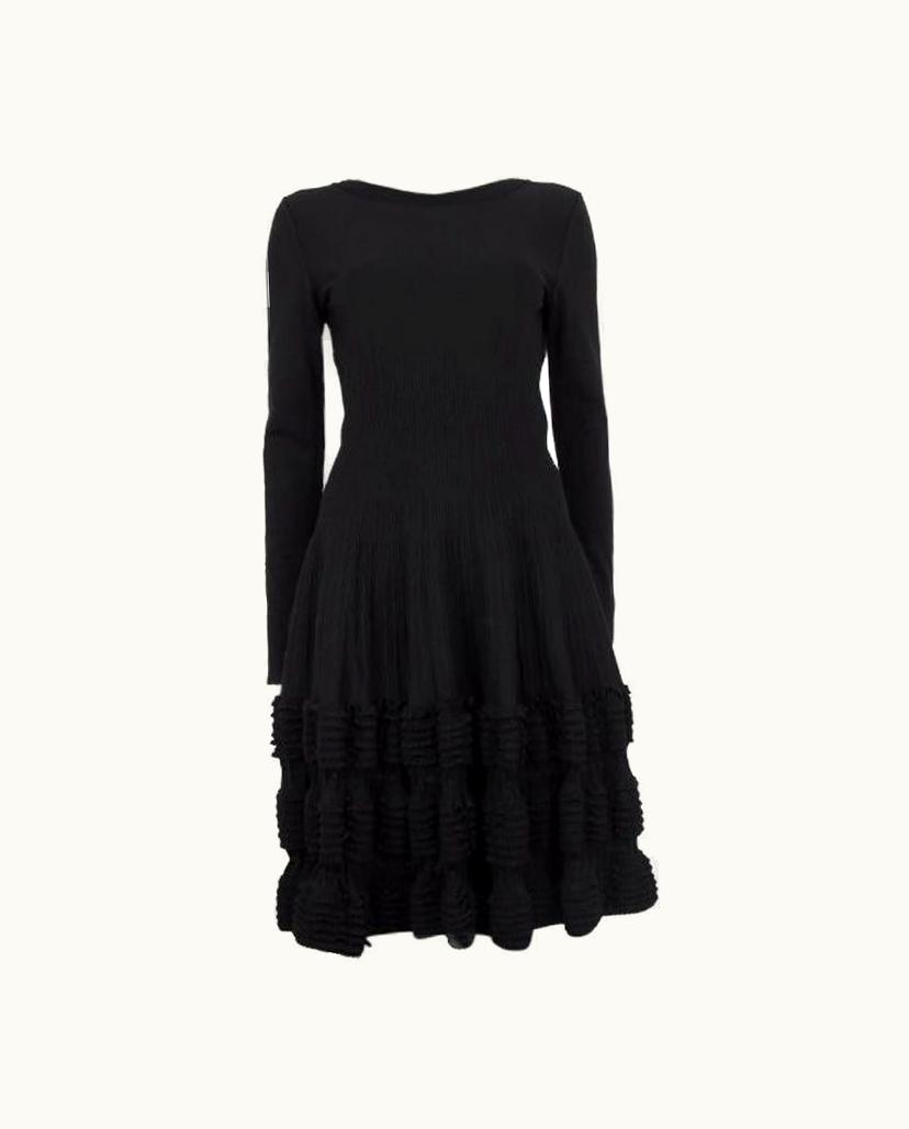 Alaia Alaia Black Wool Blend Ruffled Hem Knit Long Sleeve Dress