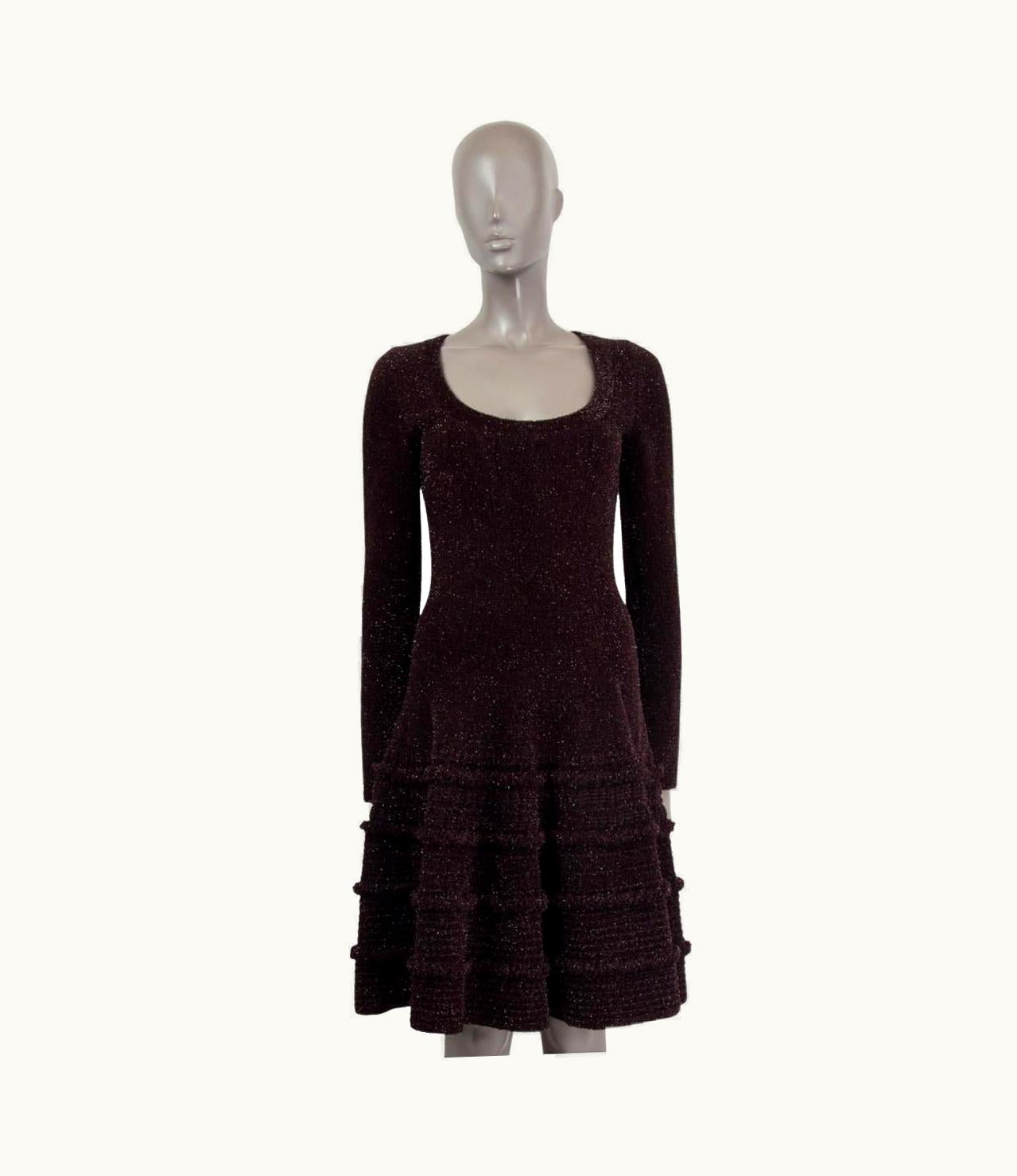 Alaia Alaia Dark Brown Wool Blend Ruffled Lurex Knit Dress