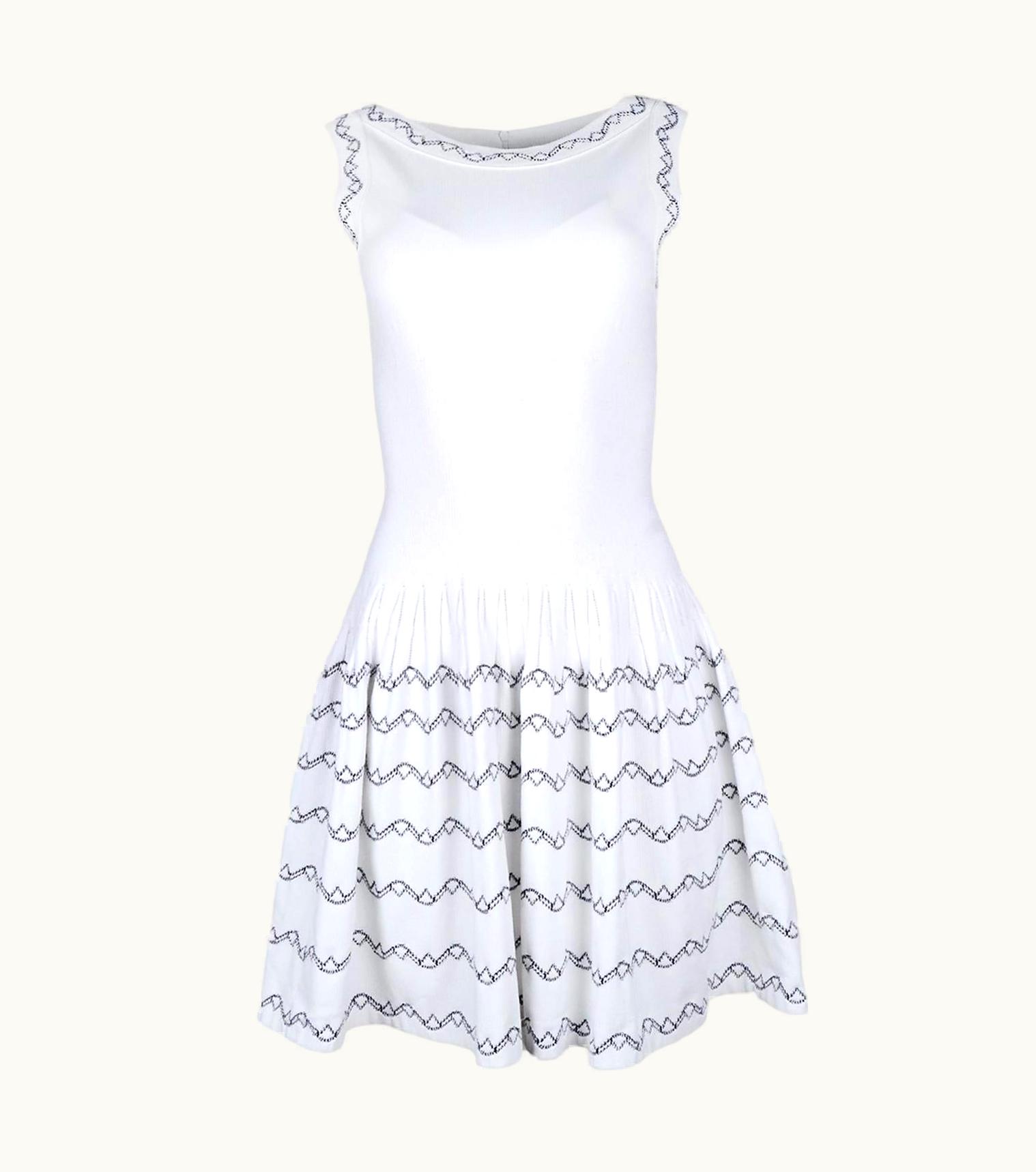 Alaia Alaia White Fit & Flare Sleeveless Dress WS/S Black Embroidery