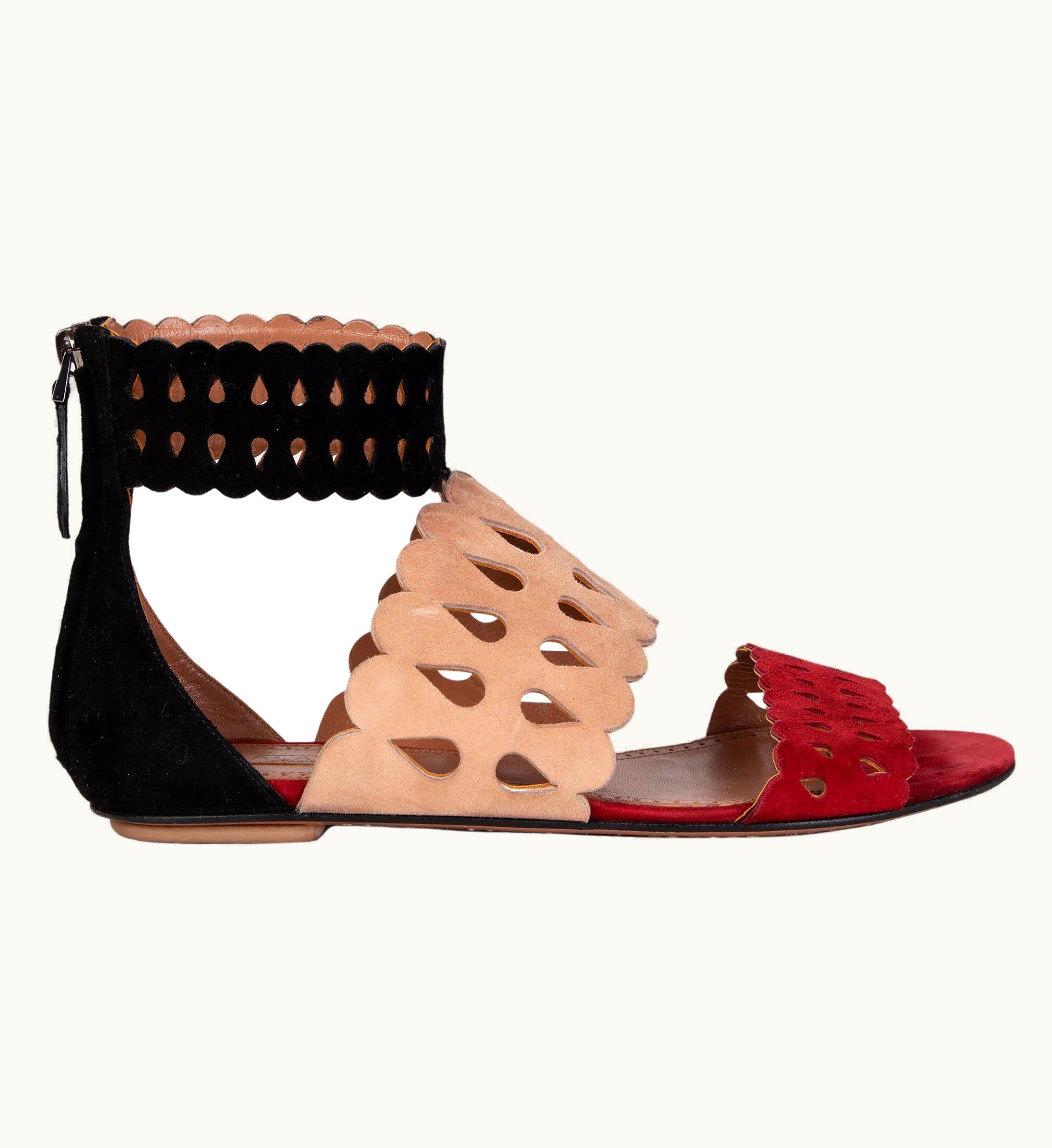 Alaia Alaia Black Pink Red Suede Flat Ankle Strap Sandals Shoes