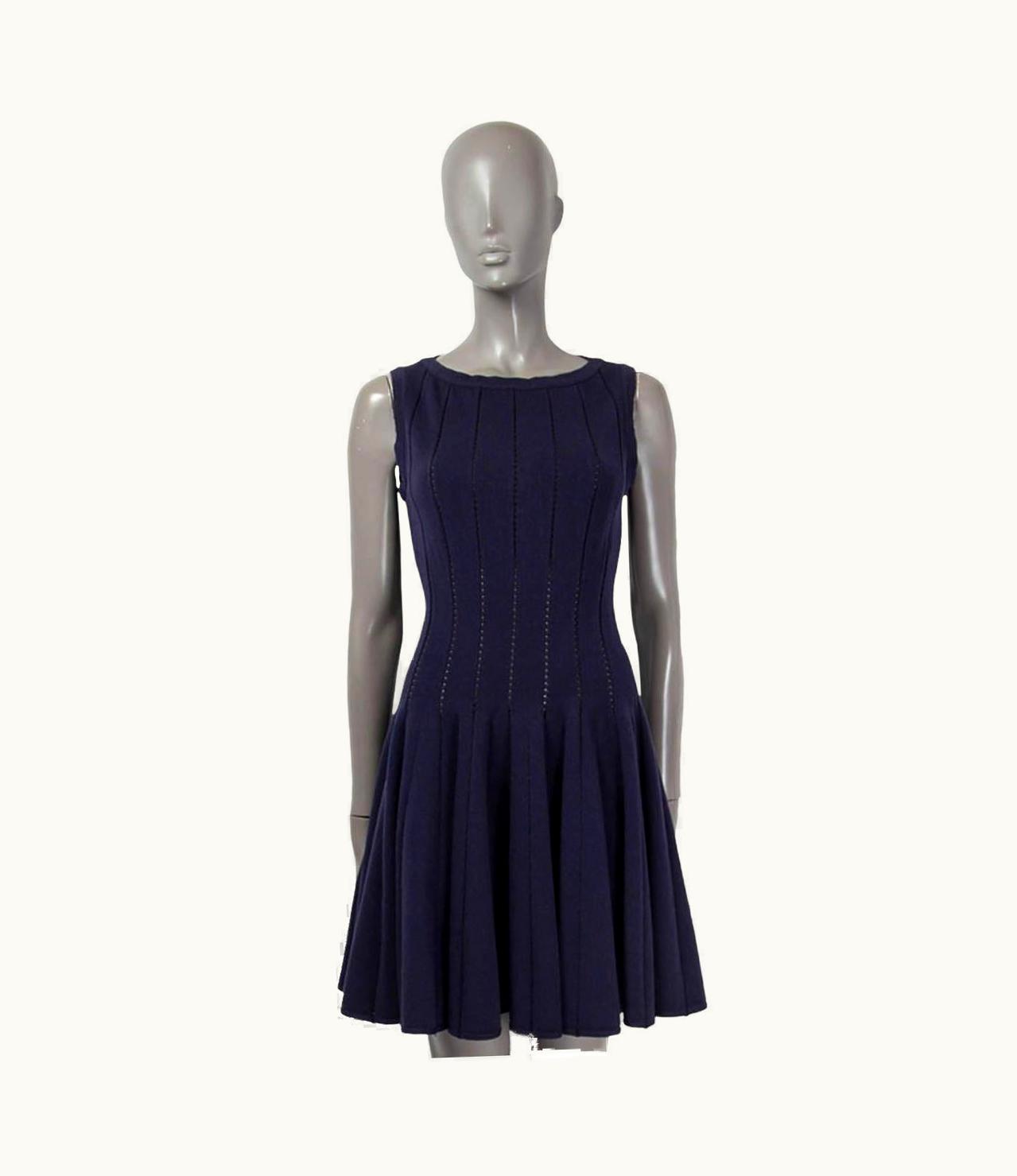 Alaia Alaia Navy Blue Wool Blend Jacquard Knit Flared Dress