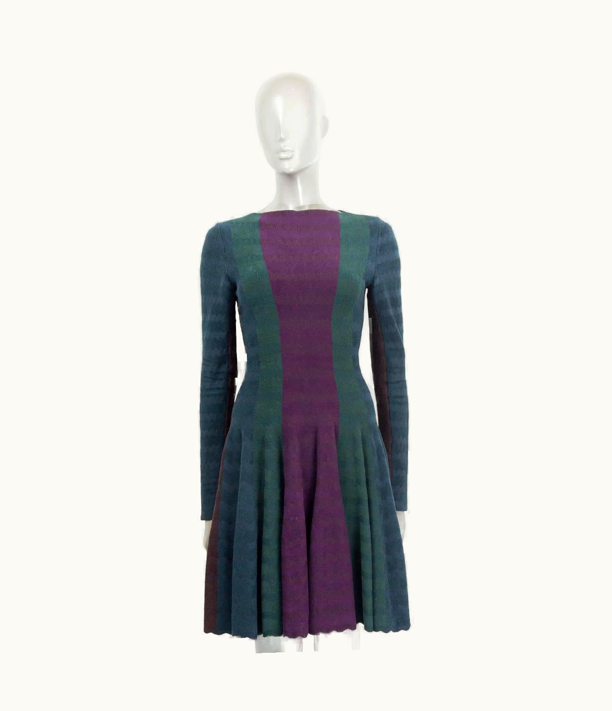 Etro Alaia Petrol & Purple Viscose & Wool Color Block Flared Dress