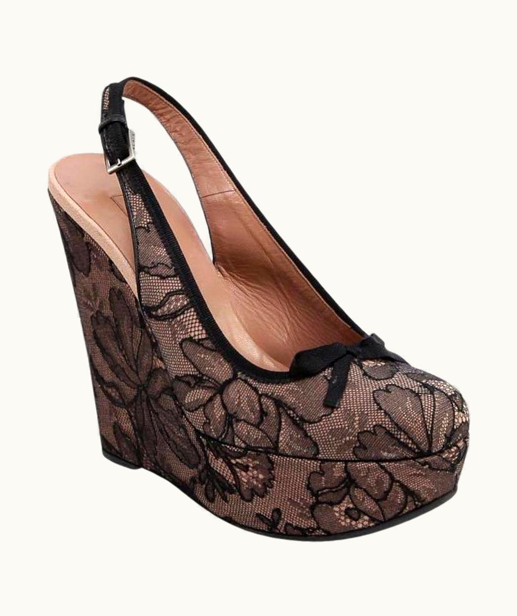 Alaia Alaia Sandal Platform Wedge Nude Black Lace Leather Silver Hw