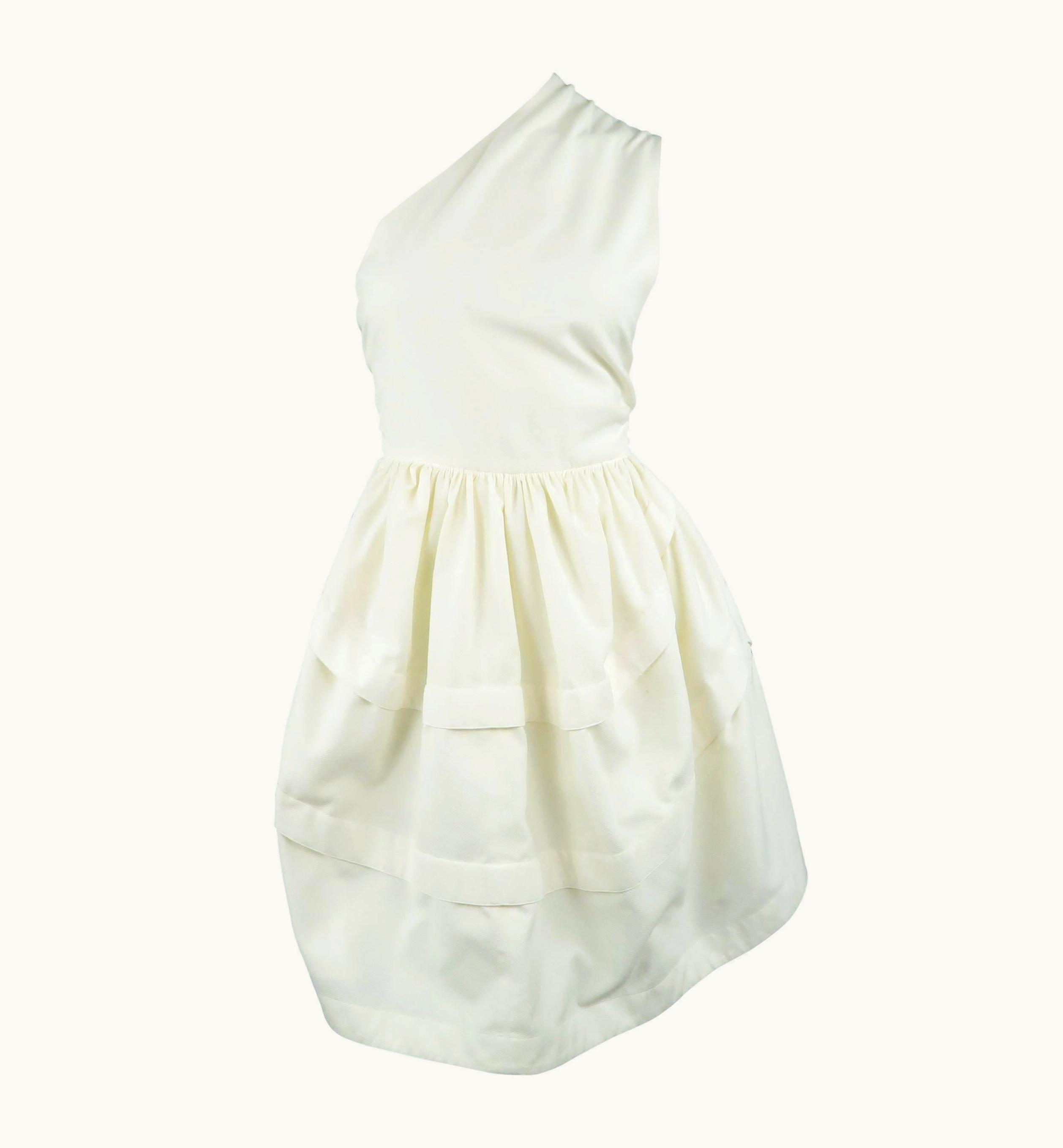 Alaia Alaia Dress - mall - Cream Cotton Asymmetrical Fit And Flare One Shoulder