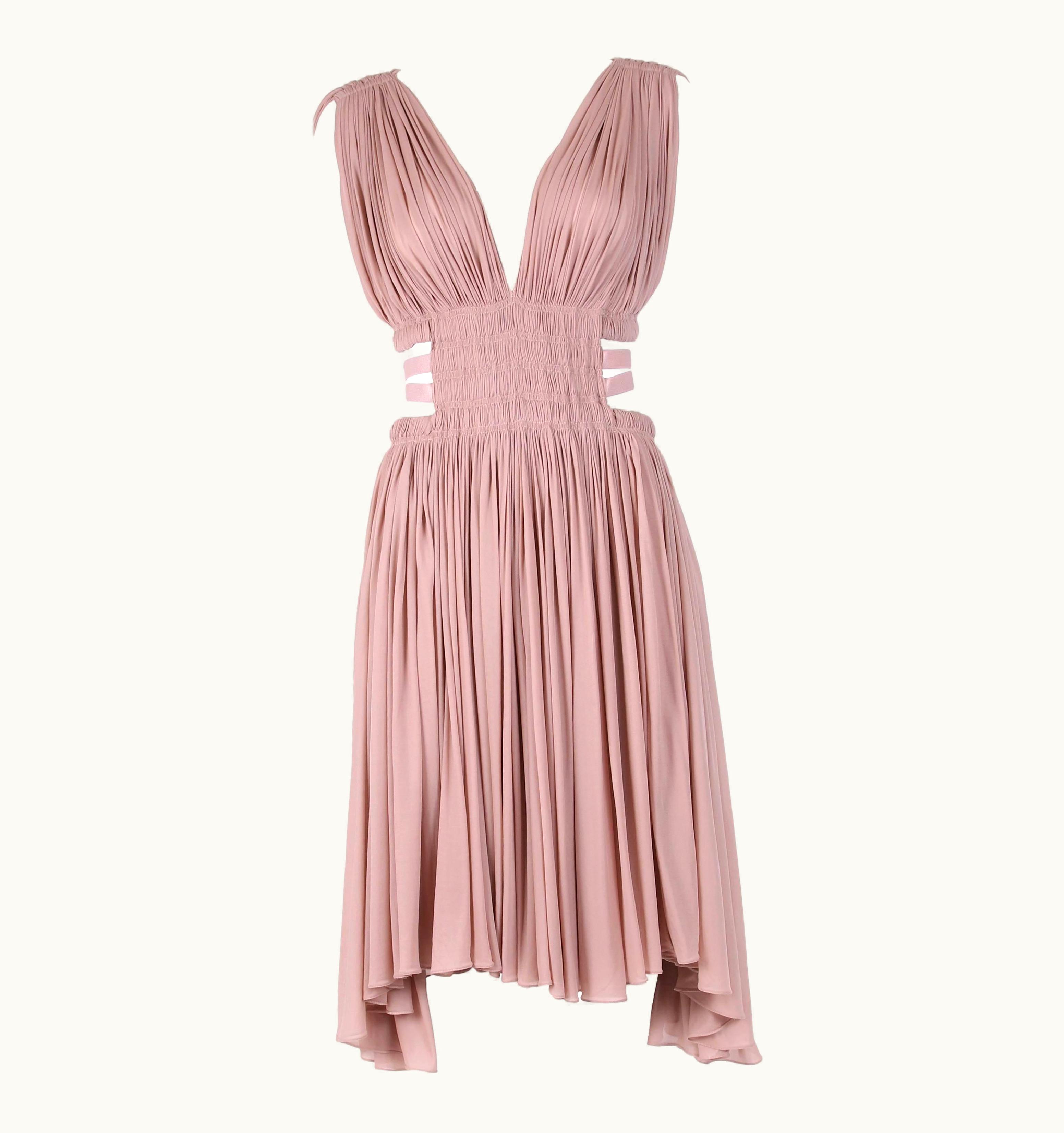Alaia Alaia Blush Pink Grecian Mini Dress w/Deep V-Neckline & Open Sides