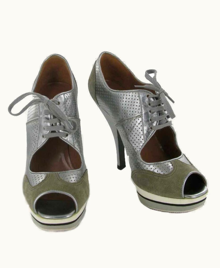 Alaia ALAÏA High Heels In Silver Perforated Leather And Gray Suede