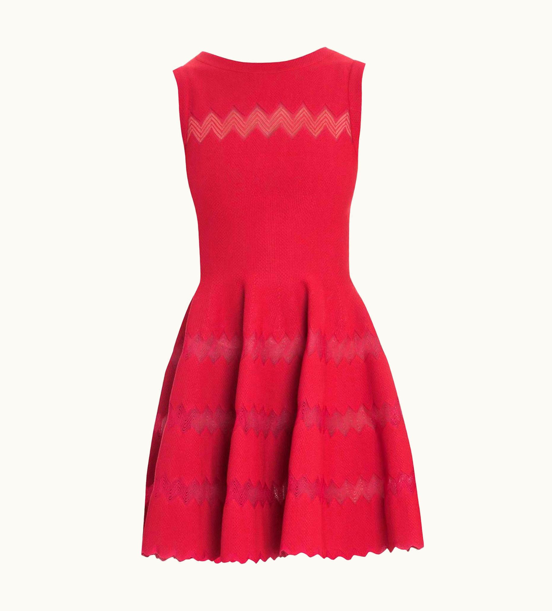 Alaia Alaia Red Fit Flare Sleeveless Zig Zag Mesh Dress
