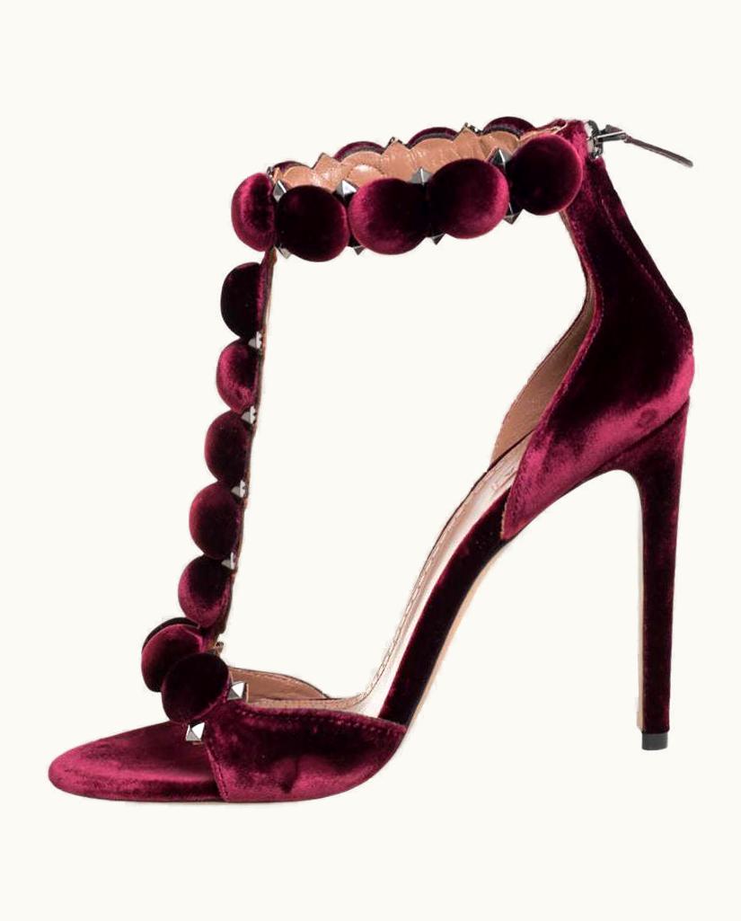 Alaia Alaia Burgundy Velvet Studded 'Bombe' T-Strap Ankle Cuff Sandals