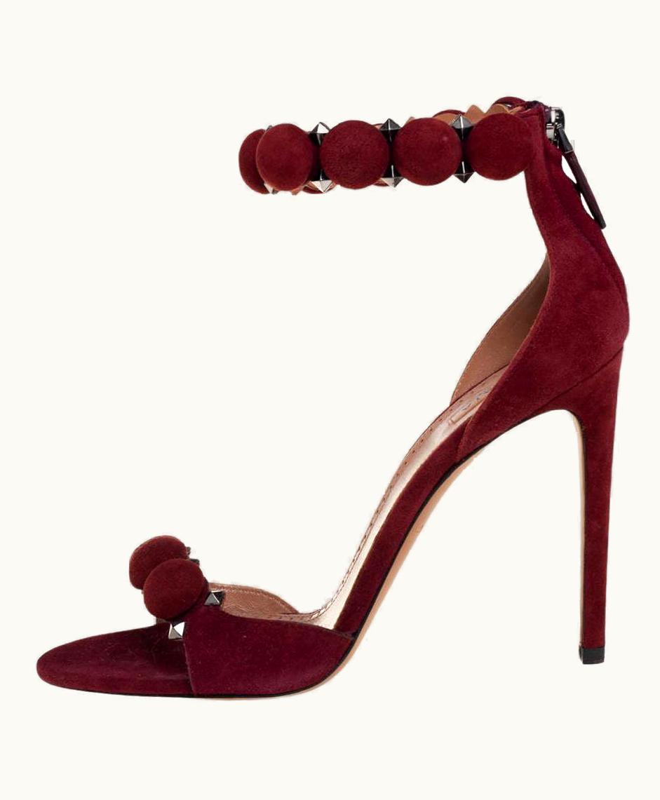 Alaia Alaia Burgundy Suede Studded 'Bombe' T-Strap Ankle Cuff Sandals
