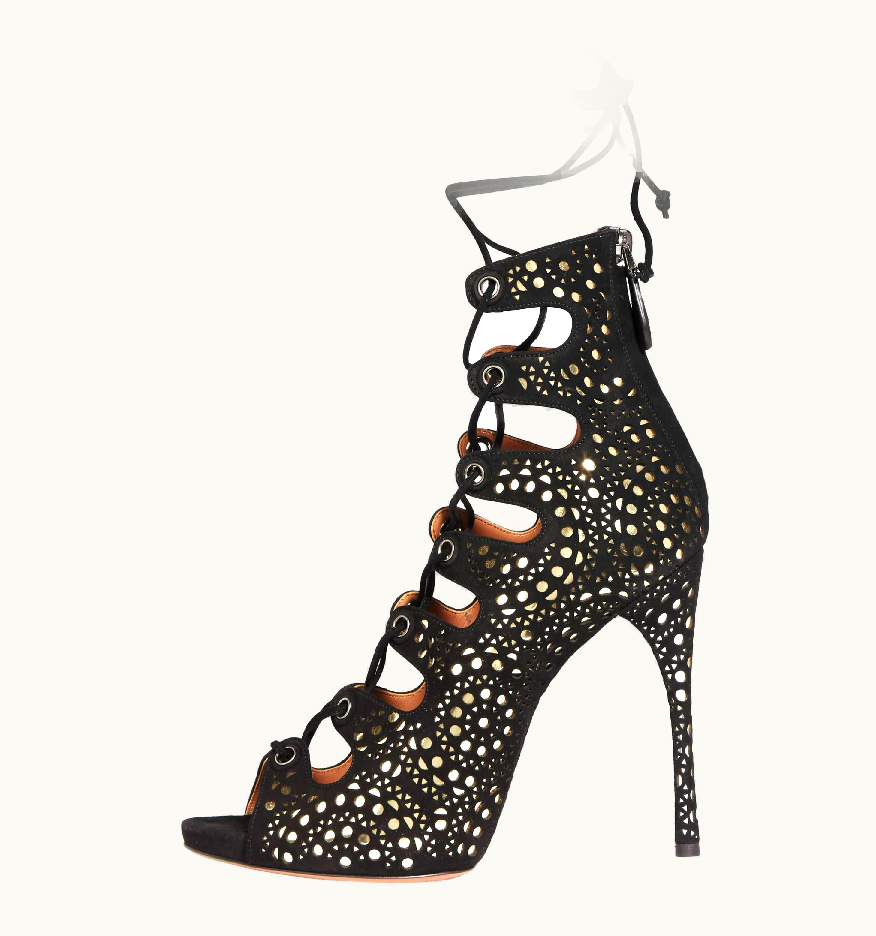 Alaia Alaia Black Suede Gold Cut Out Gladiator Evening Sandals Heels In Box