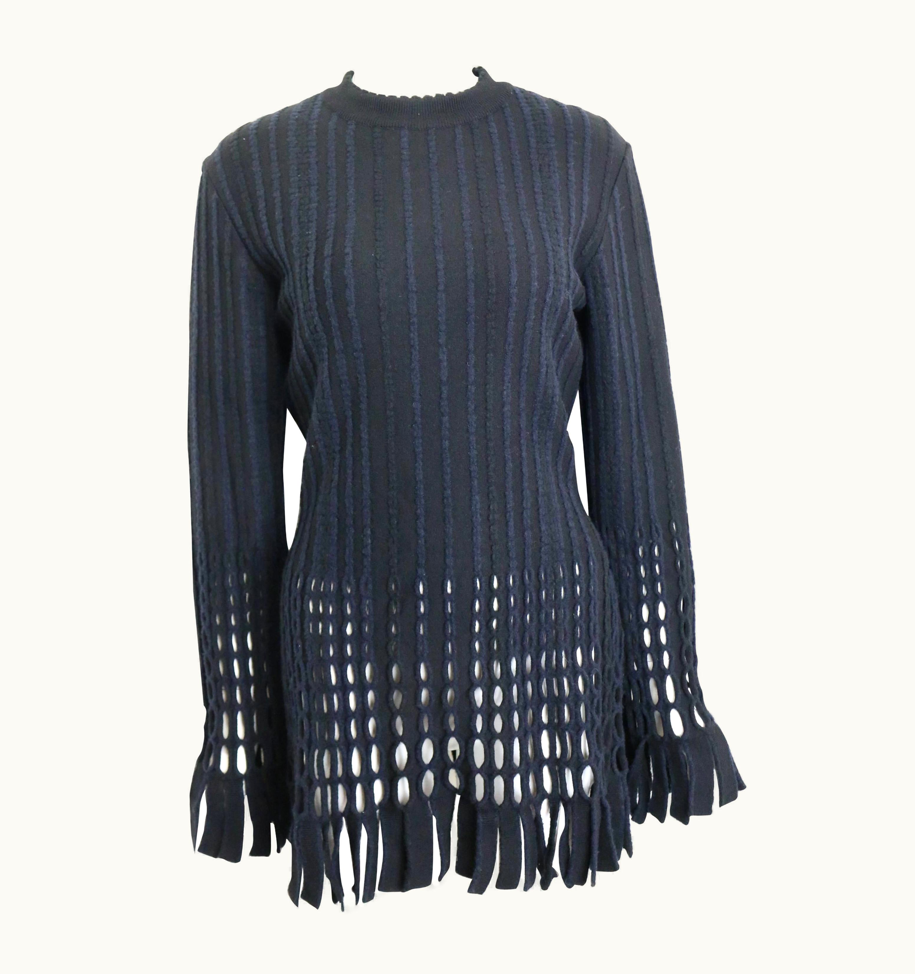 Alaia 90s Alaia Black And Navy Stripe Wool Open Knit Fringe Hem Bodycon Dress