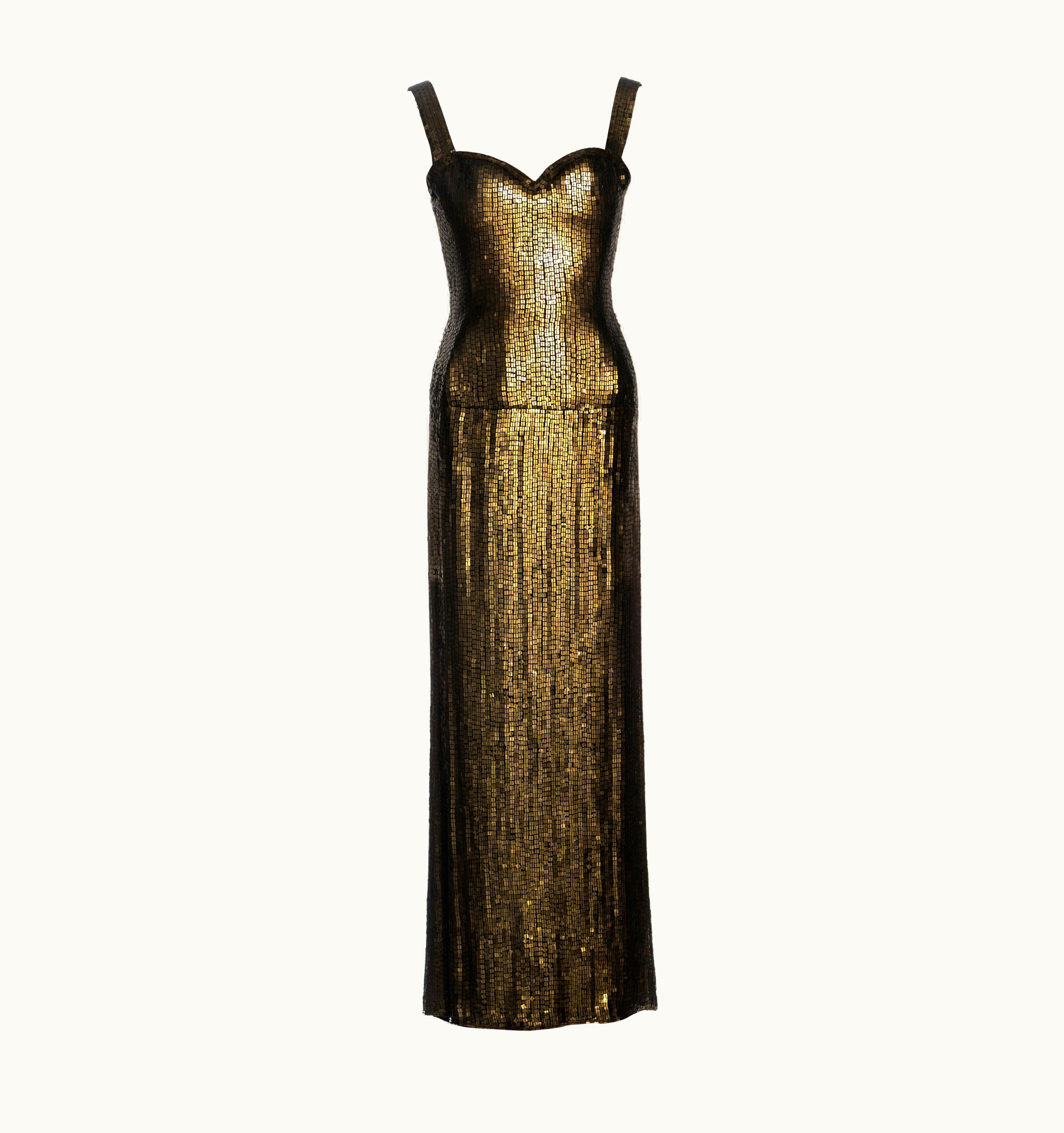Alaia Azzedine Alaia Couture Metallic Gold Sequin Evening Dress, AW 1990