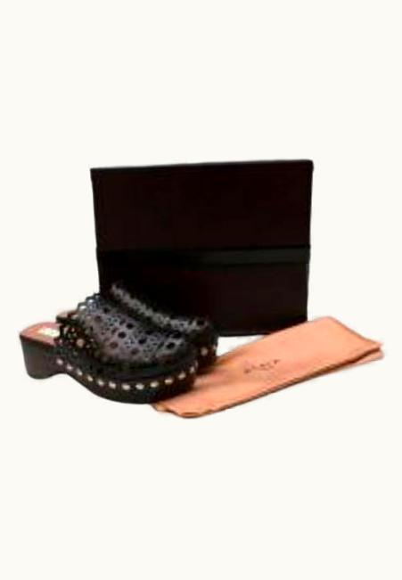 Alaia Black Laser Cut Leather & Wood Clogs