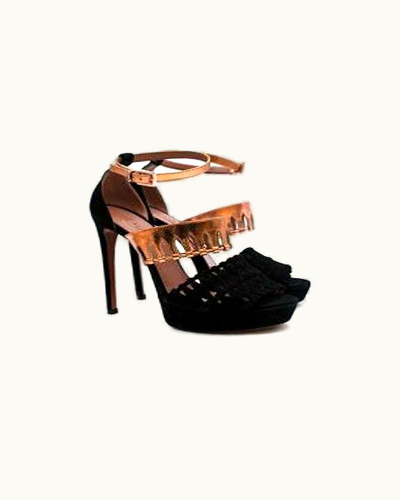 Alaia Black Suede & Rose Gold Leather Platform Heeled Sandals