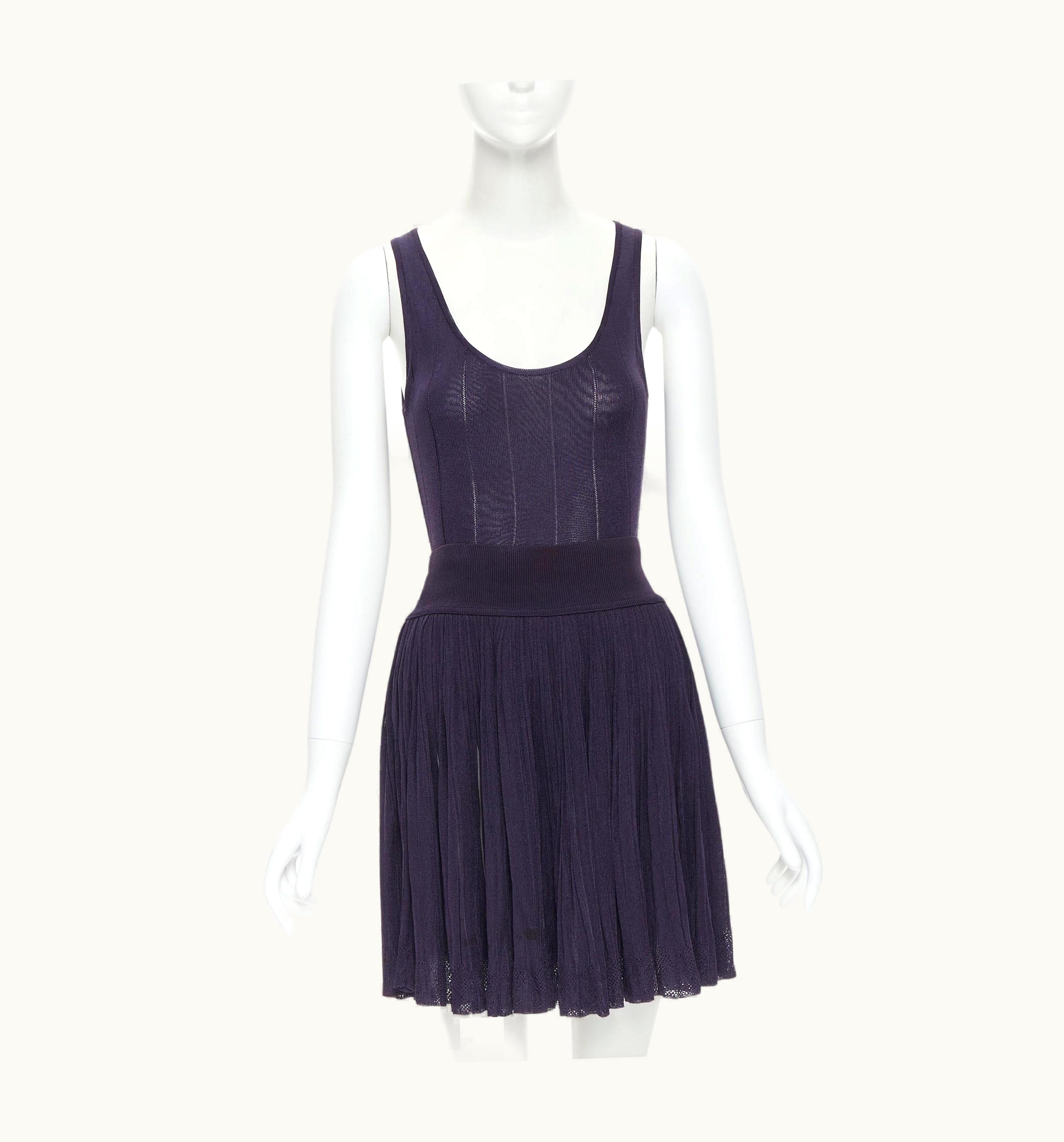 Alaia Vintage Alaia Purple Lattice Seam Bodysuit Pleated Flares Skirt