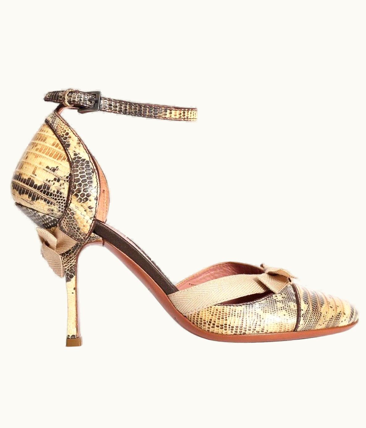 Alaia Alaia Natural Watersnake Ribbon Bow Ankle Strap Pumps Heels .5 .5