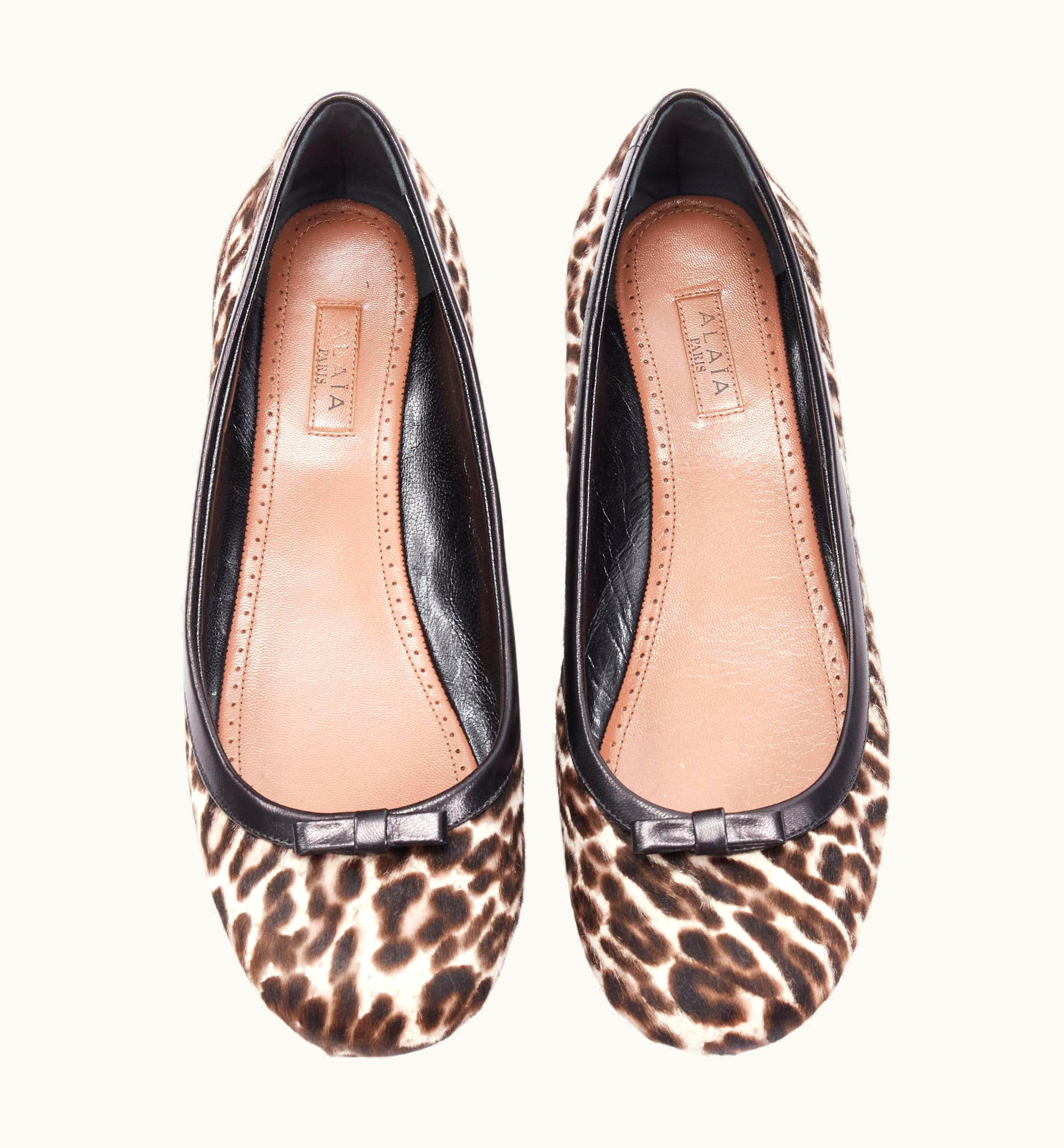 Alaia Alaia Brown Leopard Spot Print Pony Hair Black Bow Trim Ballet Flats