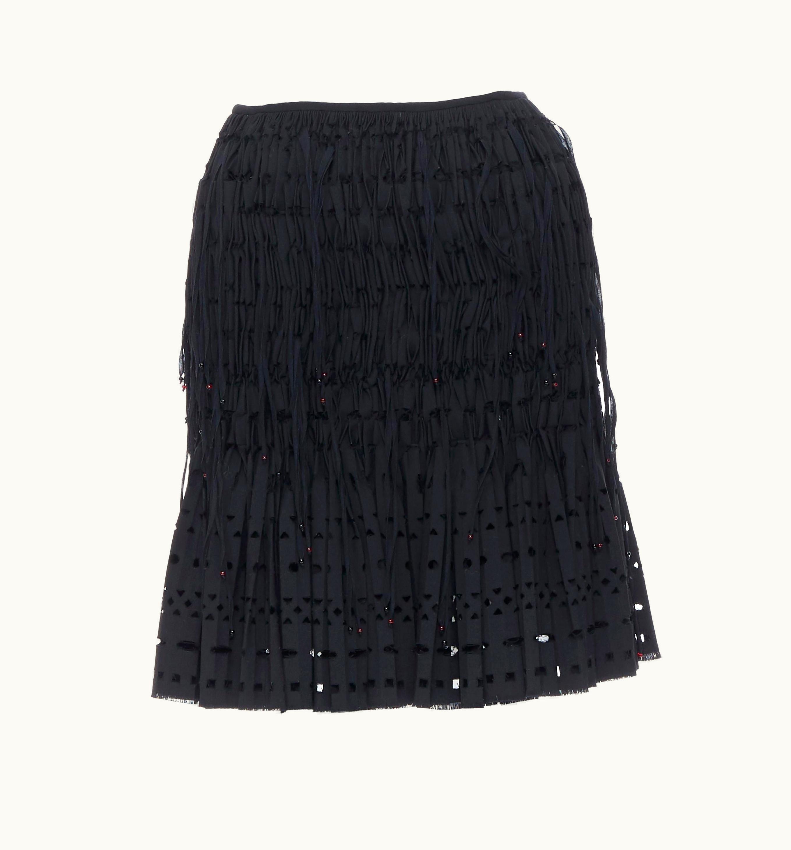 Alaia Alaia Black Geometric Cut Out Pleated Shirred Red Bead Fringe Skirt UZ0587649