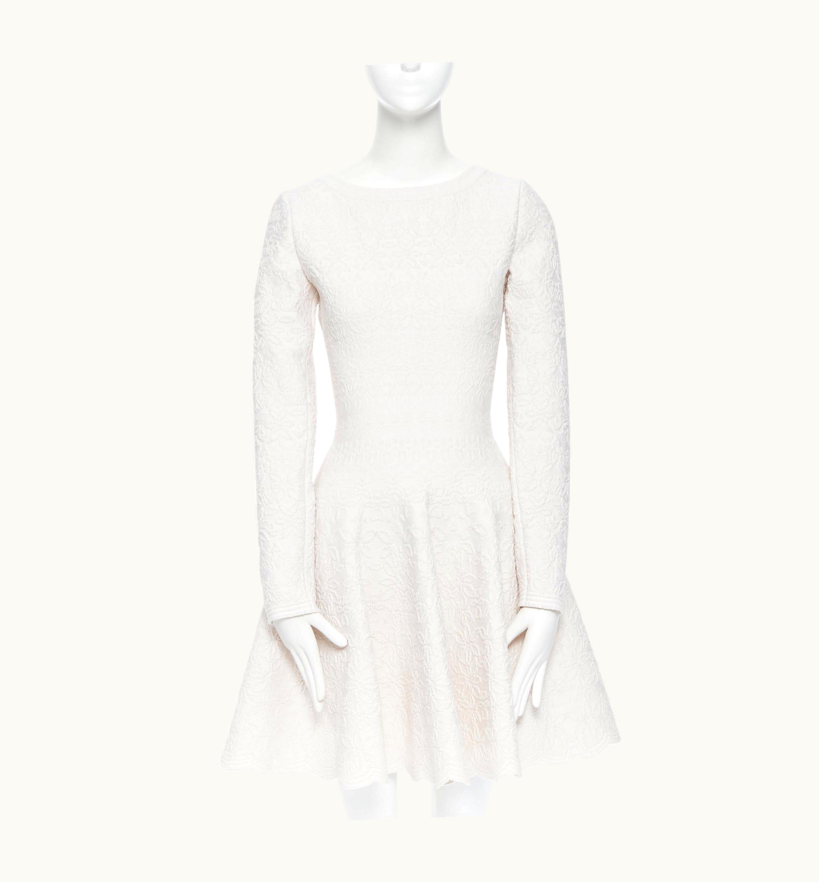 Alaia Alaia Light Grey Floral Cloque Wool Jacquard Fit Flared Dress