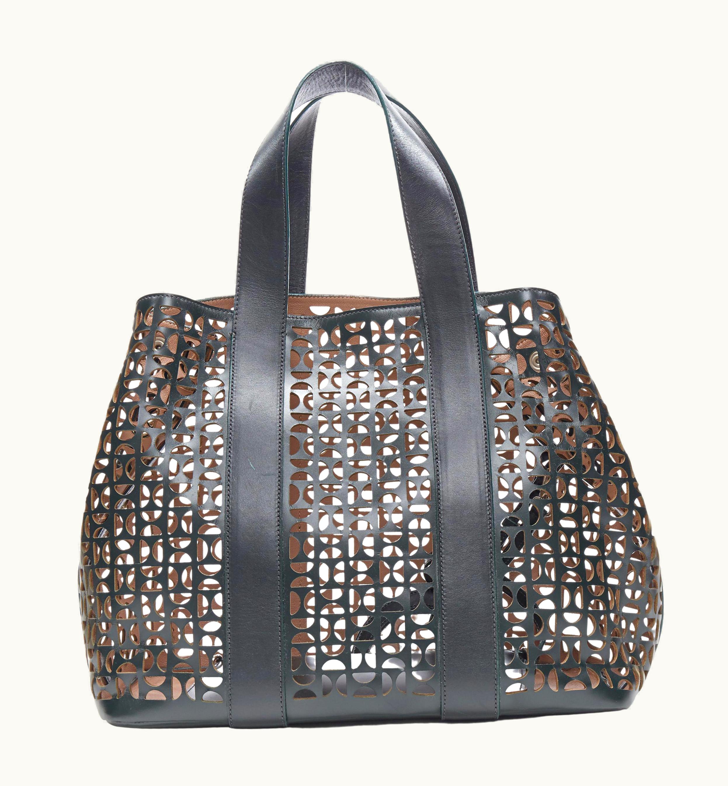 Alaia Alaia Black Geometric Cut Out Leather Expandable Sides Zip Pocket Top Handle Bag