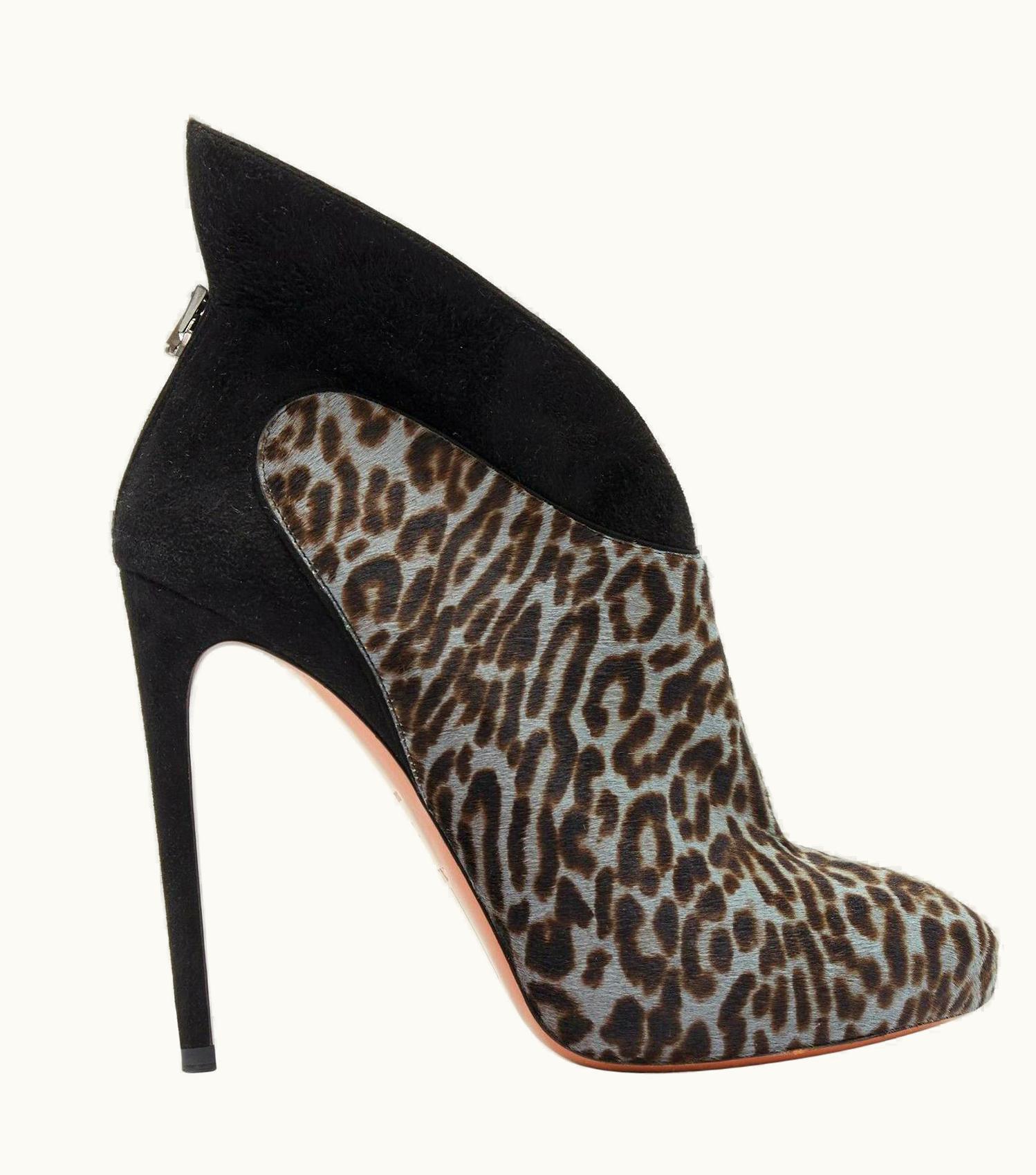 Alaia Alaia Blue Black Leopard Print Calf Hair Suede Angular Wing Back Bootie