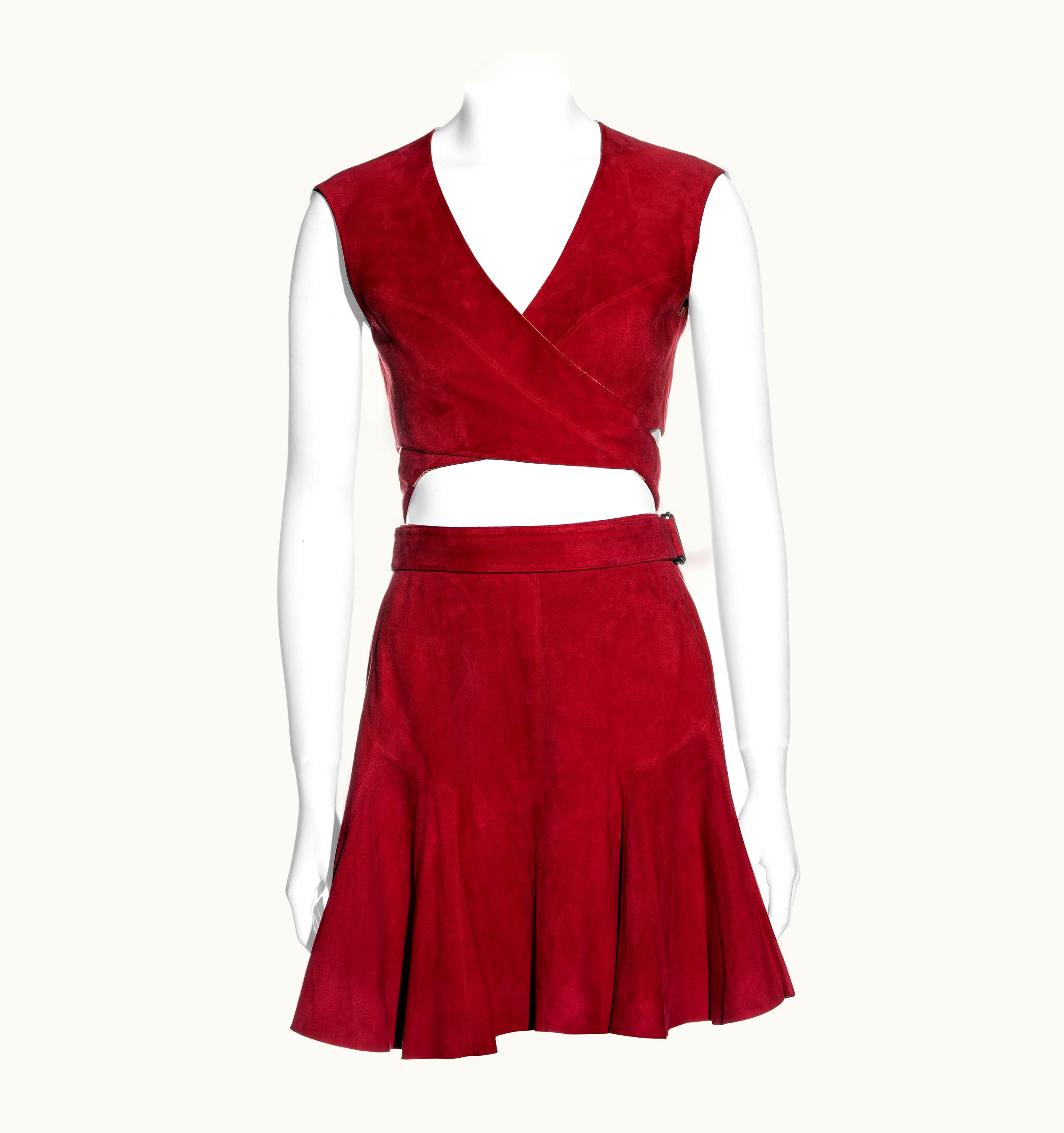 Alaia Azzedine Alaia Red Suede Wrap Top And Mini Skirt Set, C 1990