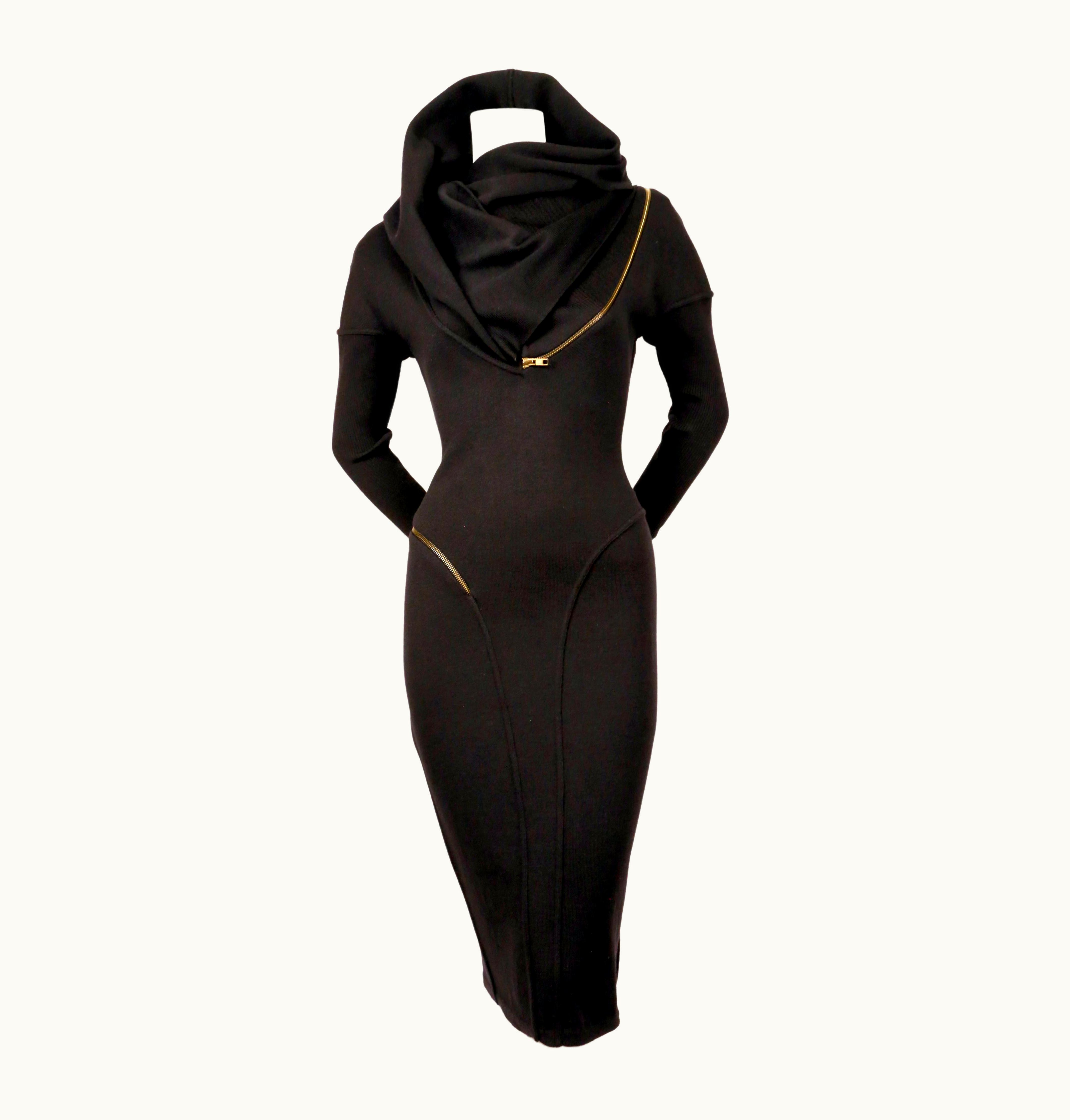 Alaia 1986 Azzedine Alaia Iconic Spiral Zippered Hooded Black Runway Dress