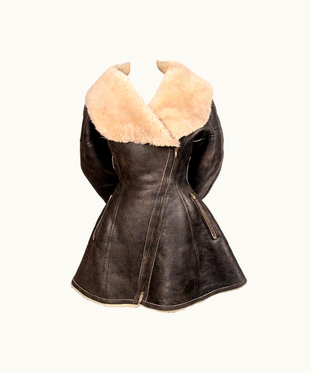 Alaia 1987 Azzedine Alaia Flared Brown Shearling Coat With Shawl Collar UZ0587718