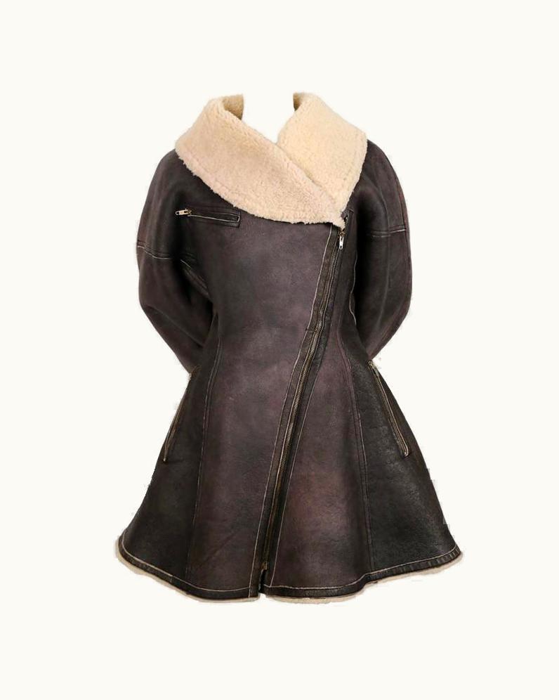 Alaia 1987 Azzedine Alaia Flared Brown Shearling Coat With Shawl Collar UZ0587720