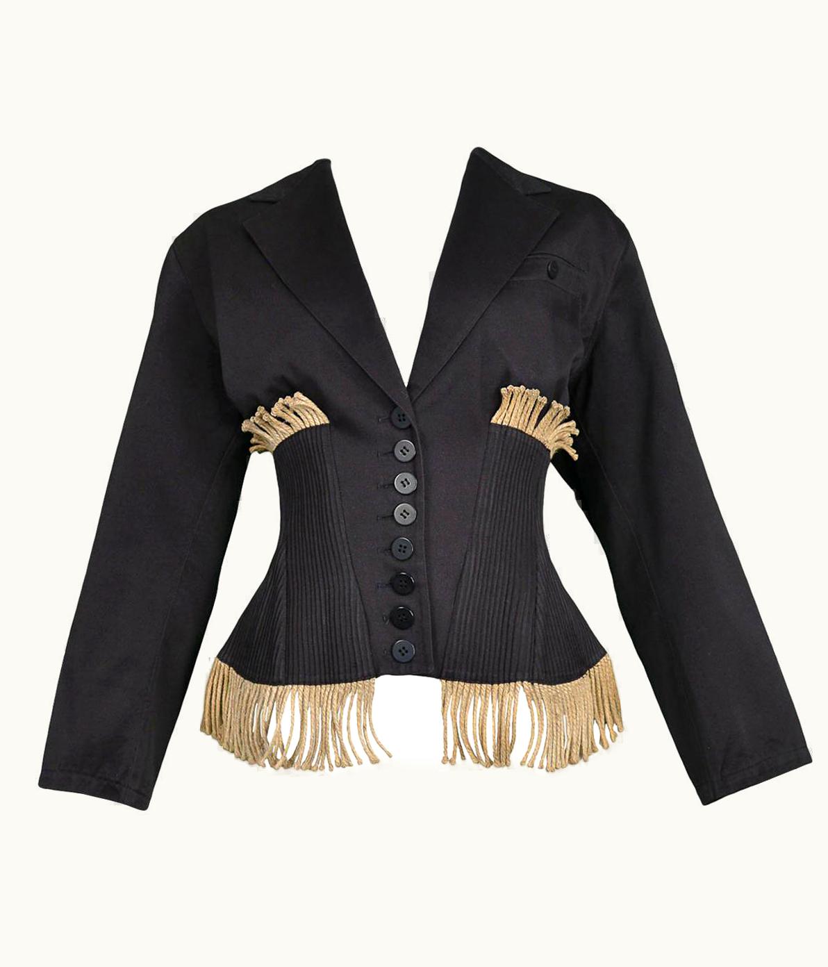 Alaia Vintage Azzedine Alaia 1988 Twine Fringe & Black Cotton Corset Jacket