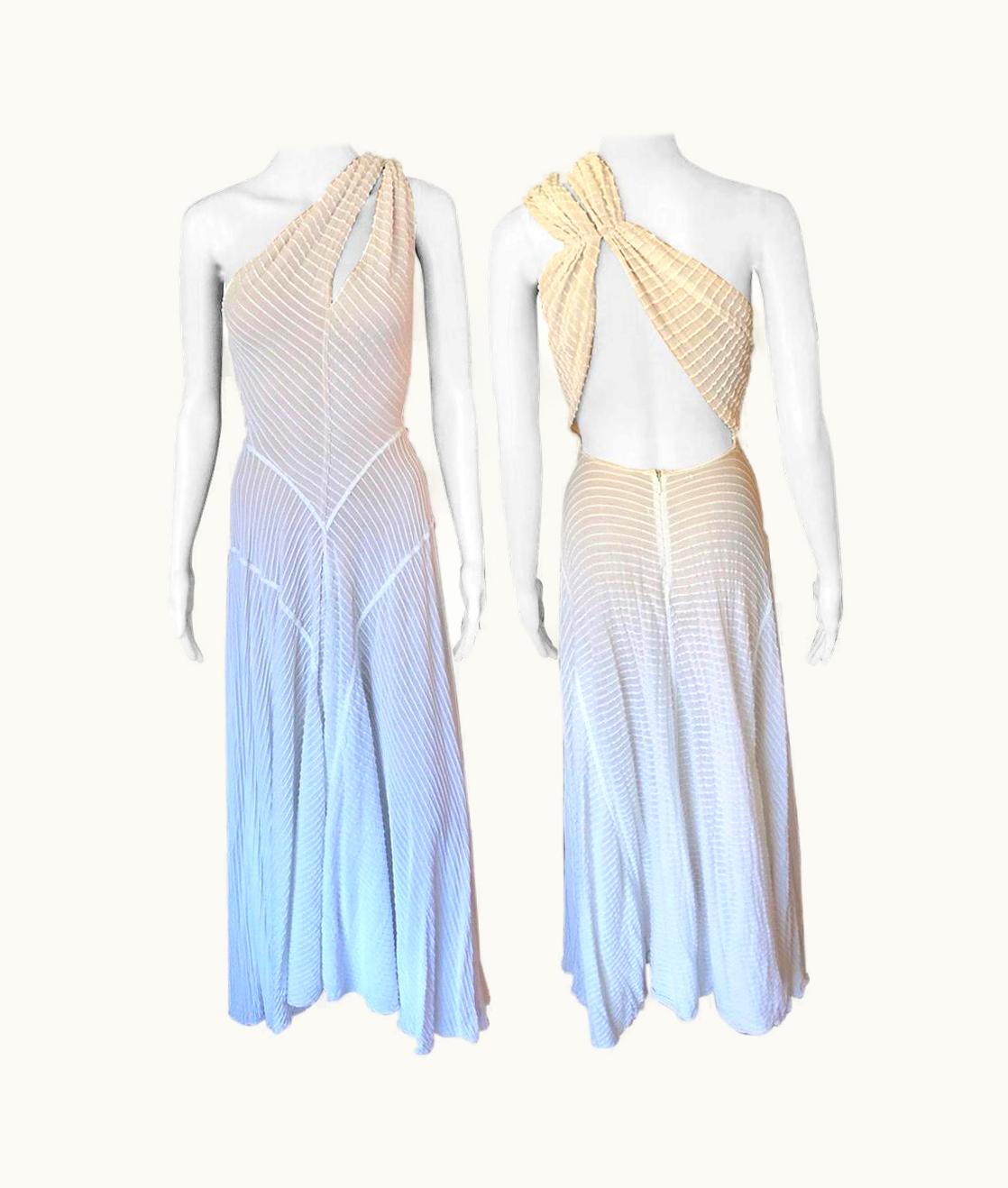 Alaia Azzedine Alaïa AW 1988 Runway Vintage Cutout Semi-Sheer Ivory Gown Maxi Dress