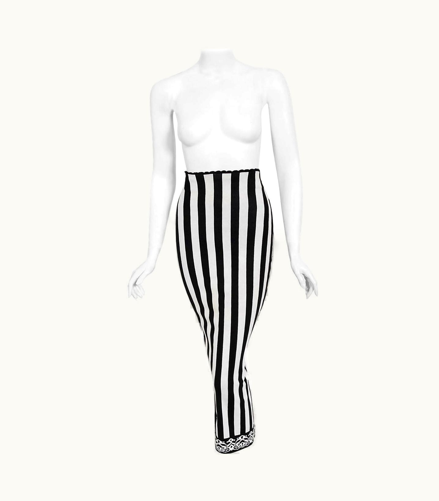 Alaia Vintage 1992 Azzedine Alaia Black & White Stripe Knit High-Waist Hourglass Skirt