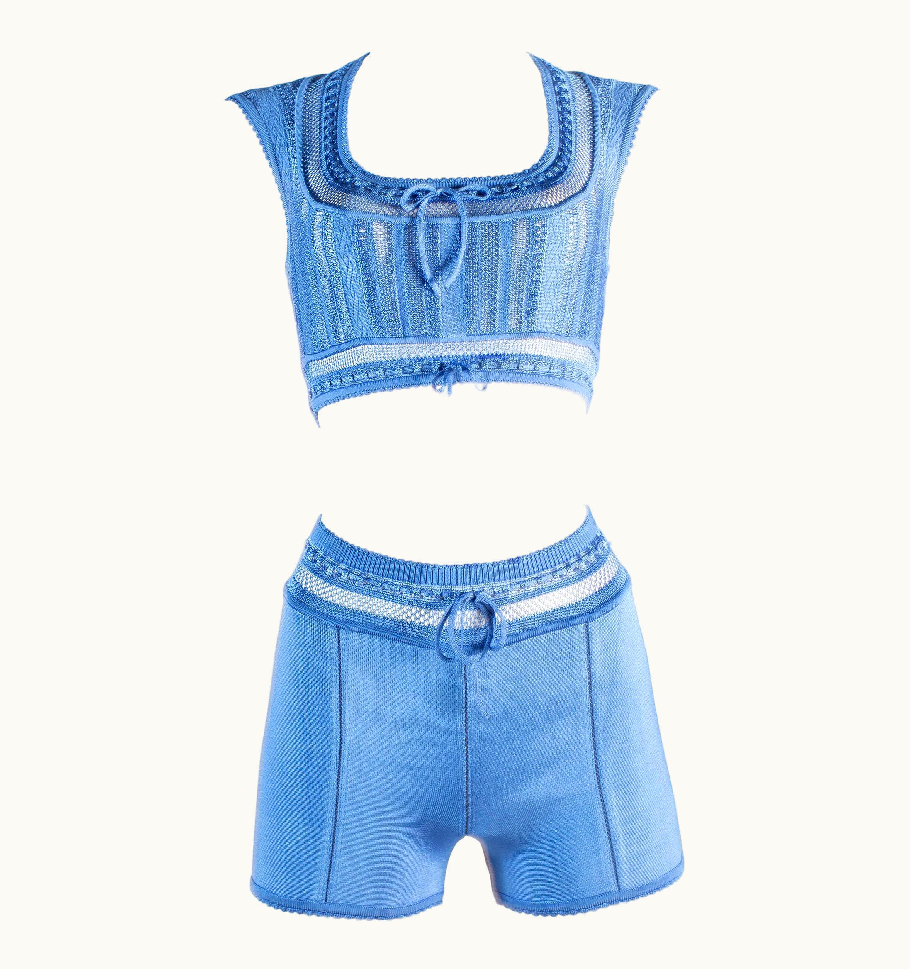 Alaia Azzedine Alaia Blue Acetate Knitted High Waisted Shorts And Bra Top, S/S 1993