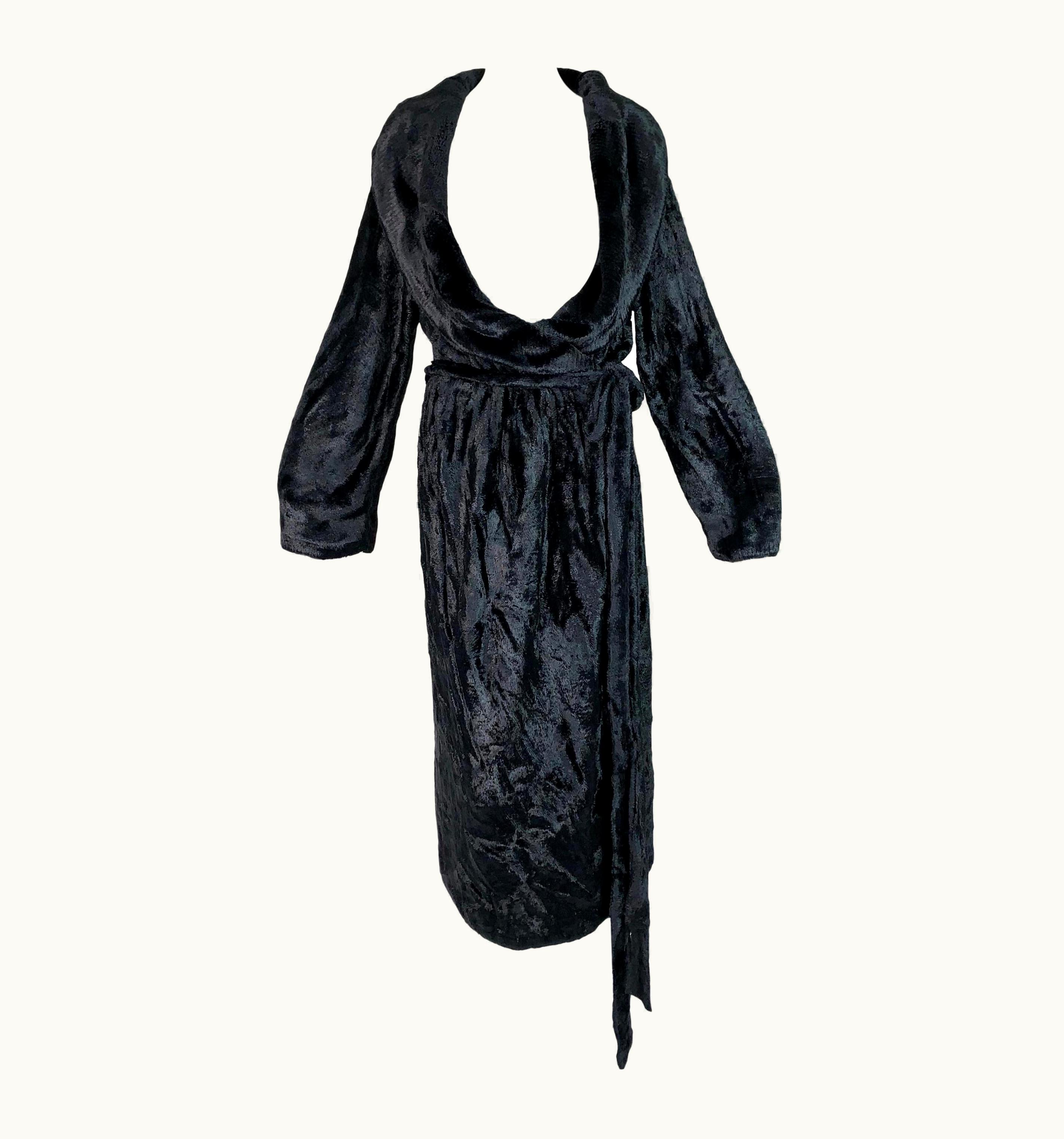 Alaia 1994 Azzedine Alaia Chenille Faux Fur Plunging Black Robe Dress Coat