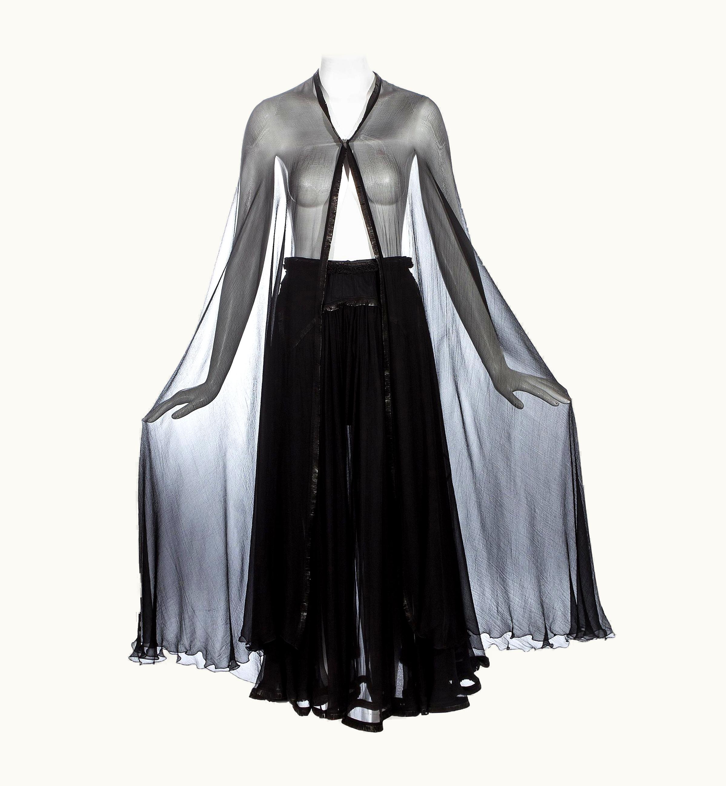 Alaia Azzedine Alaia Black Silk Chiffon And Leather Cape And Skirt Ensemble, C 1994