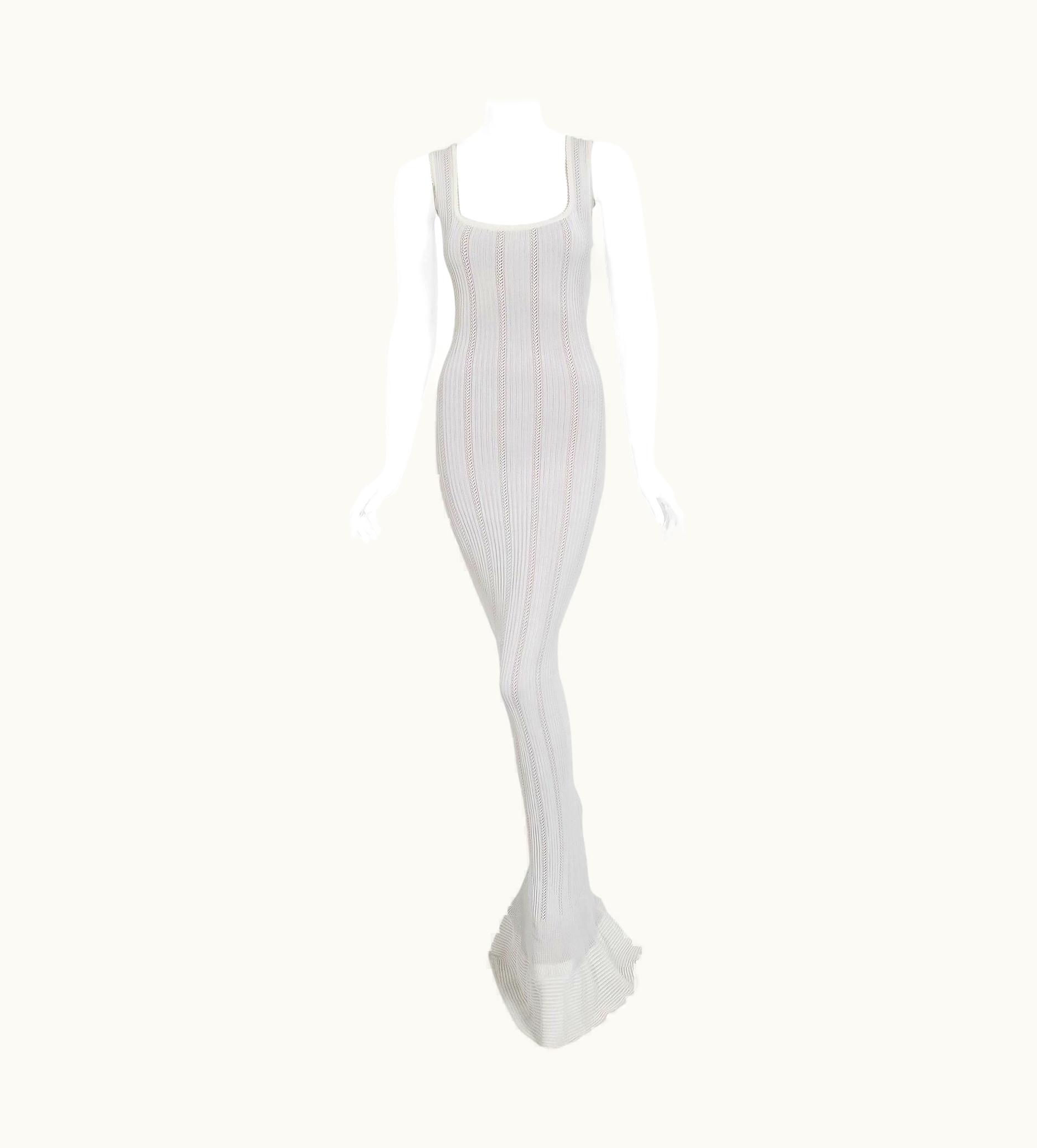 Alaia Vintage 1996 Azzedine Alaia White Nude-Illusion Knit Hourglass Floor Length Gown