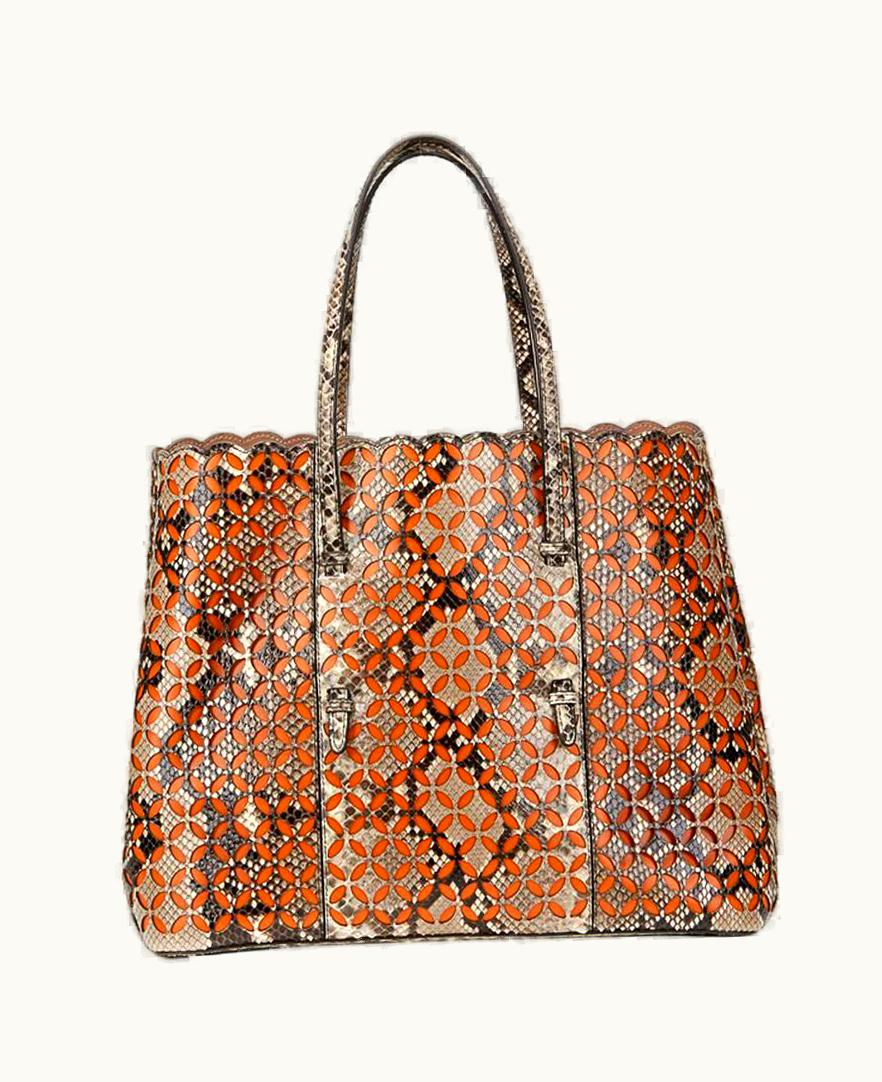 Alaia 2000 Alaia Python & Orange Leather Perforated Shopper
