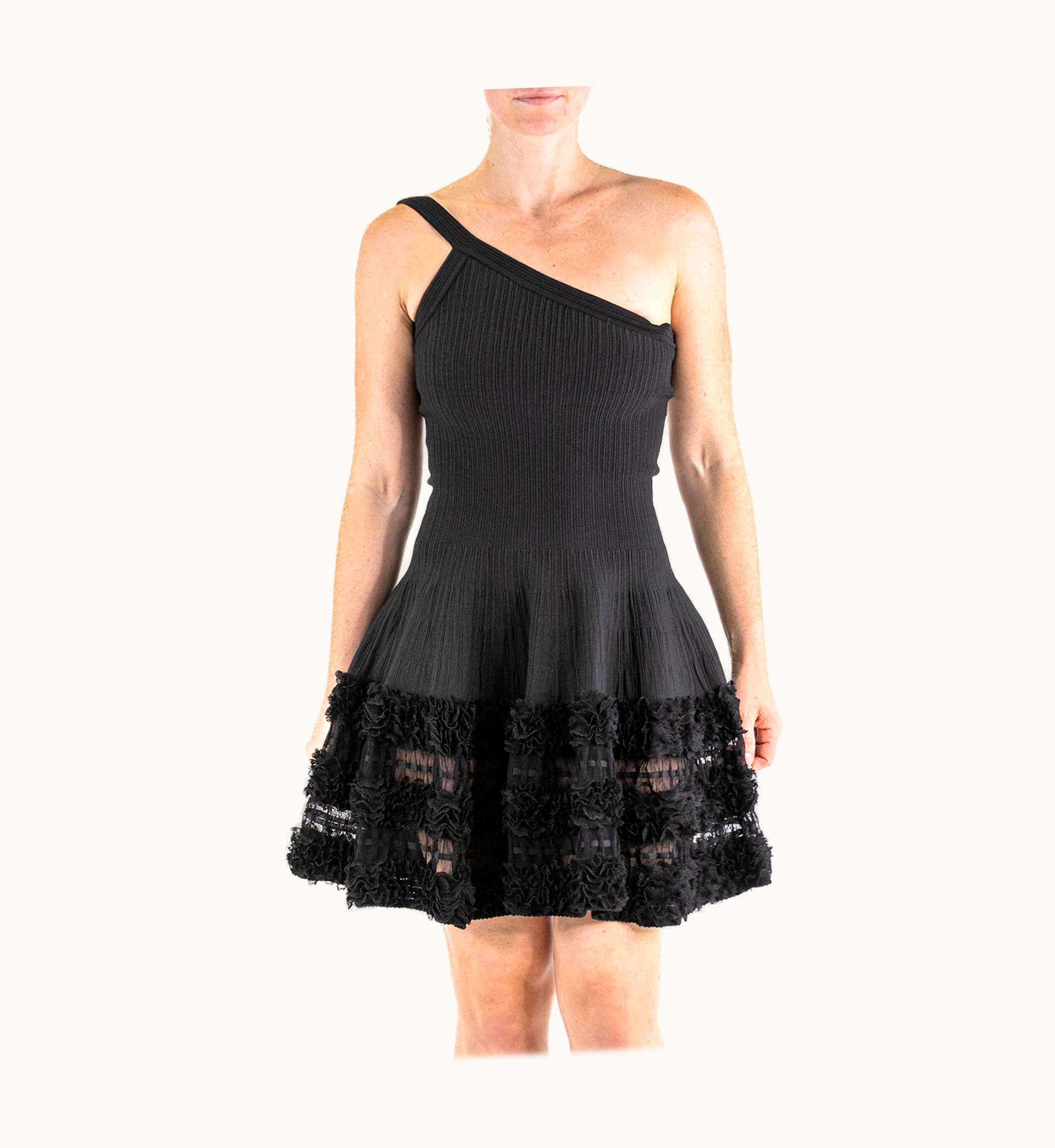 Alaia 2000s Azzedine Alaia Black Silk & Poly Asymmetrical Dress Crotchet Knit Bottom